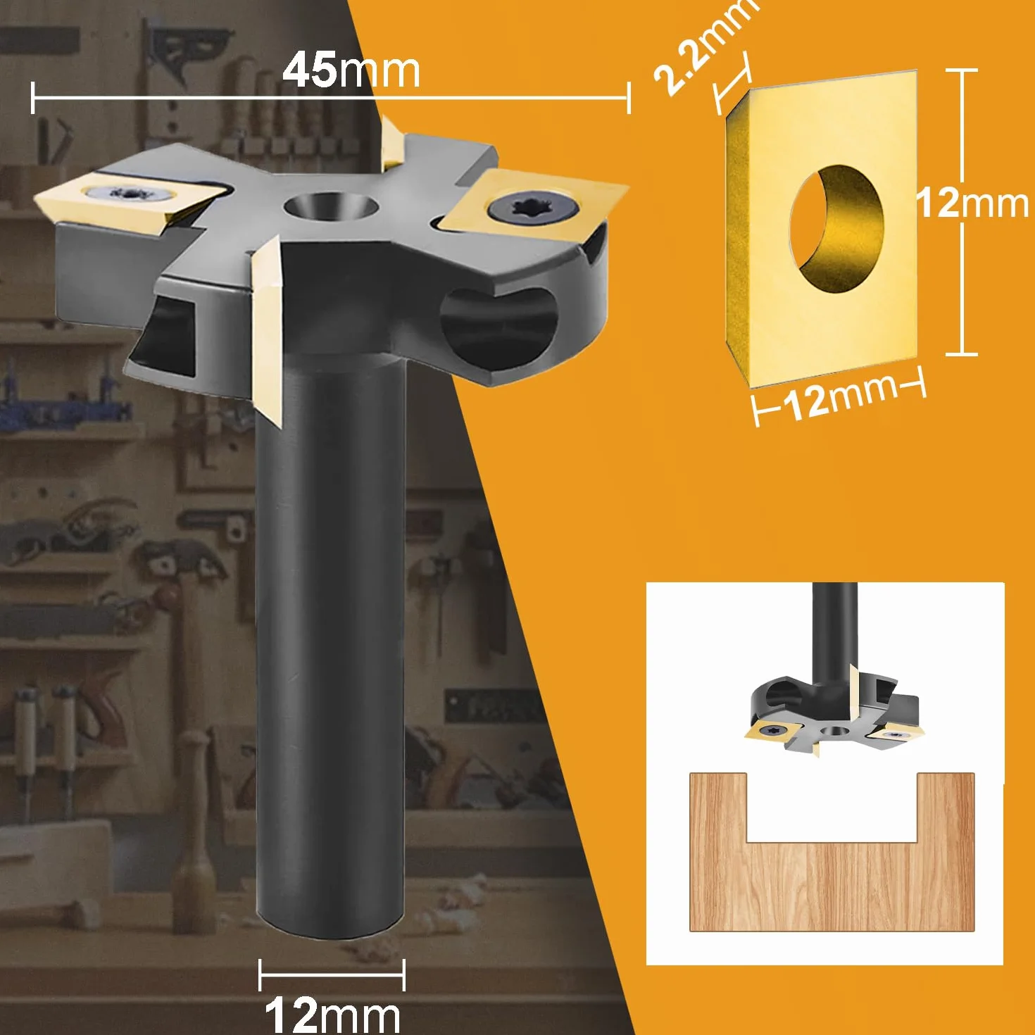 SpeTool Frez płaski, 12 mm, trzpień, 45 mm, średnica cięcia, frez płaski, frez do frezowania frezarki z powłoką ATS Płyty przekładniowe 2+2 frezy CNC Frez do drewna Frez do frezowania wałka