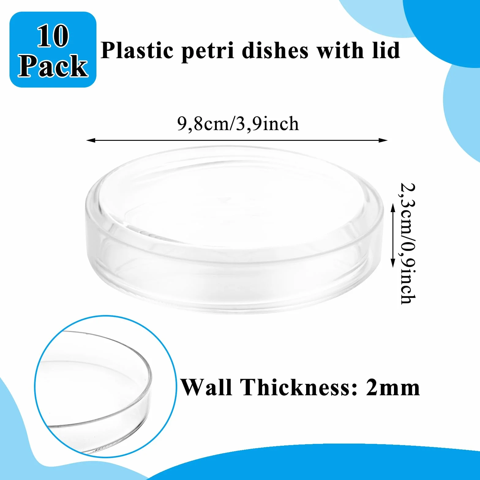 JMIATRY 10 sztuk szklanych szalek Petriego 90 x 20 mm, szklane miseczki Petriego z pokrywką, szkło borokrzemowe, sterylizowane miseczki Petriego do hodowli laboratoryjnej, 10 sztuk