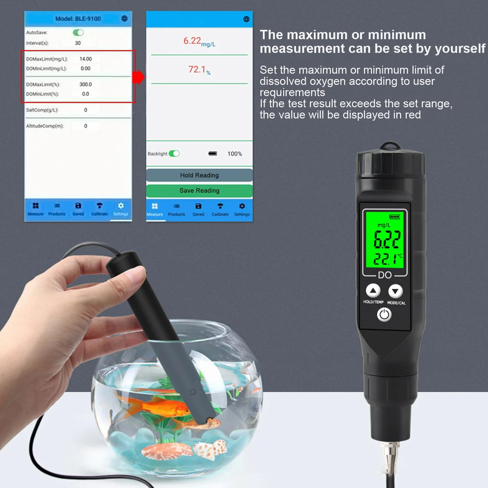 BLE-9100 Bluetooth detektor tlenu do wody, miernik tlenu rozpuszczonego do stawu rybnego akwarium akwakultury
