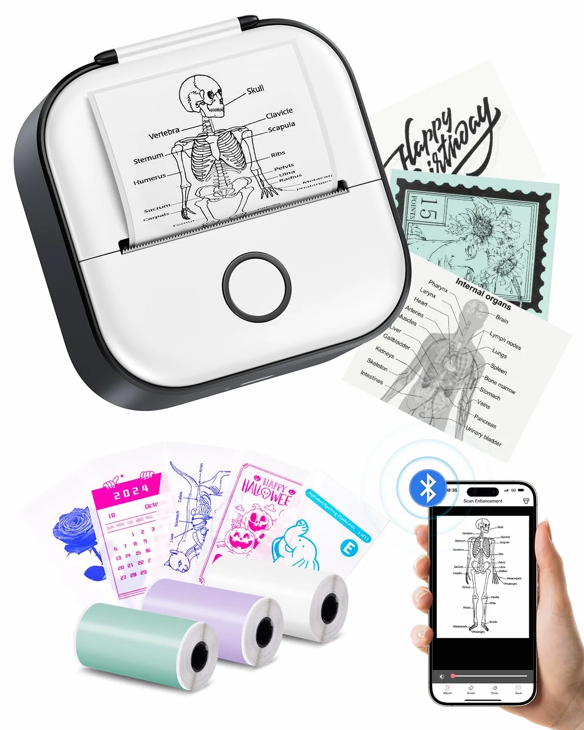 Print Pods Mini Printer - Drukarka Naklejek T02 Przenośna Drukarka Termiczna do Tworzenia Naklejek Drukarka Kieszonkowa Bluetooth Drukarka Telefoniczna do Studiowania Schematów Graficznych, Czarna