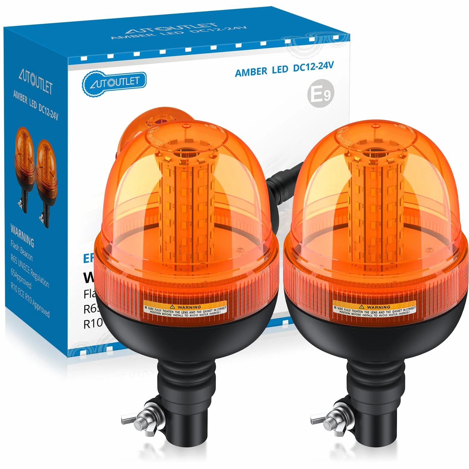 AUTOUTLET 2 x lampa ostrzegawcza z 60 diodami LED, Amber, 12 V/24 V, z 3 trybami oświetlenia, dopuszczenie do ruchu drogowego R10 E9, wodoszczelna, pyłoszczelna, do traktorów, ciężarówek i samochodów