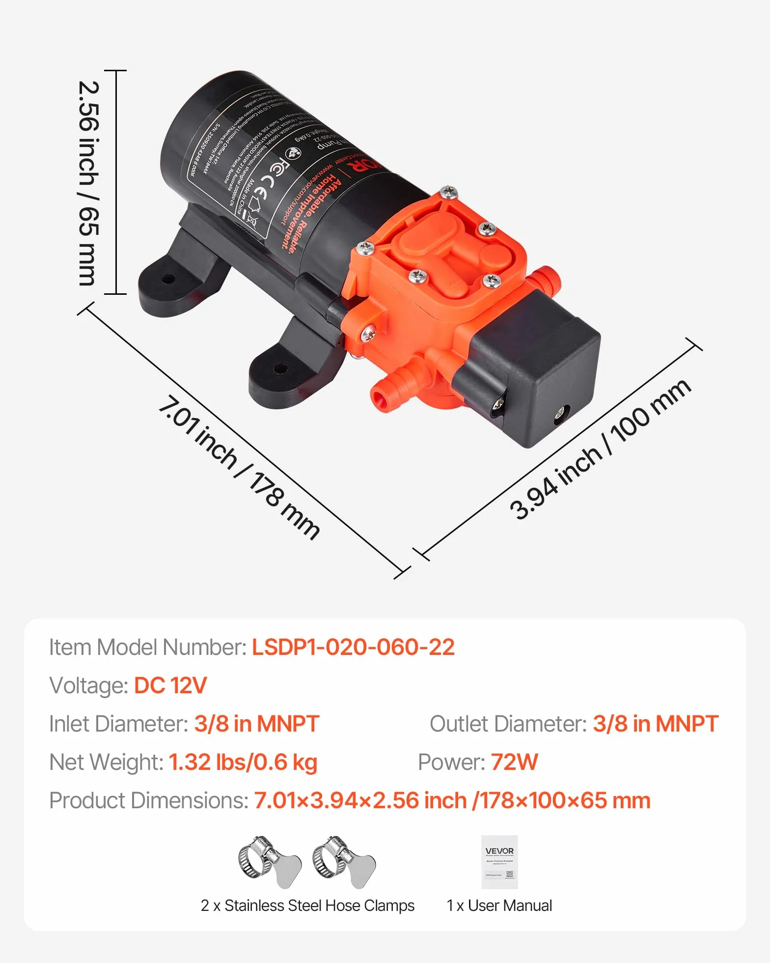 VEVOR Pompa membranowa, 12 V DC, 4,5 l/min, samozasysająca, 2-komorowa, membranowa pompa wodna z 2 zaciskami do węża, maks. ciśnienie 5,5 bar, cicha praca, do przyczep kempingowych, łodzi, nawadniania