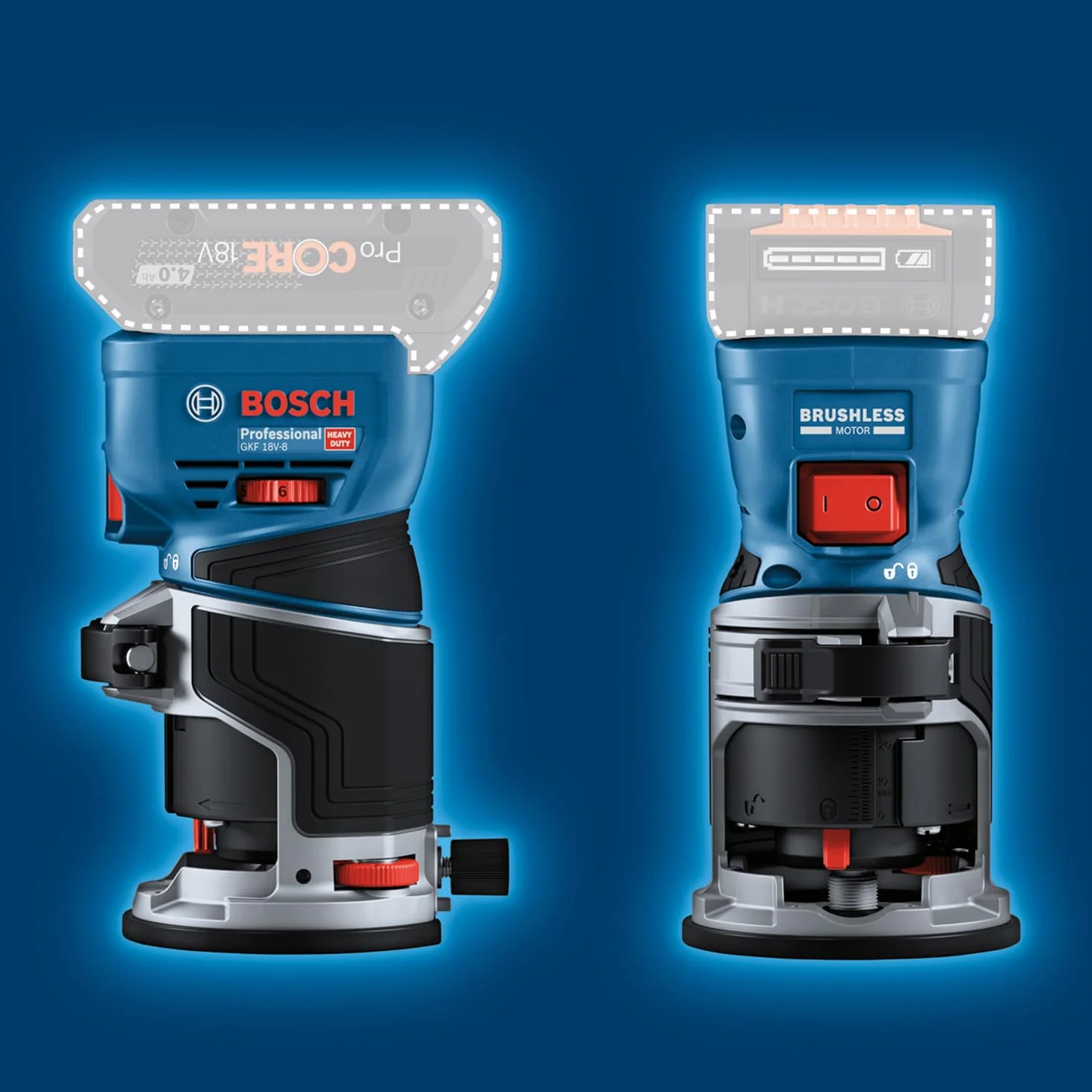 System prof. 18 V firmy Bosch: frezarka akum. GKF 18V-8 (prow. równ., 2 adaptery do ods. pyłu – frez., osł. przeciwodpr., tuleja zac. 8 mm, klucz, moduł górnowrz. TE, wal. L-BOXX, bez akum./ład.)