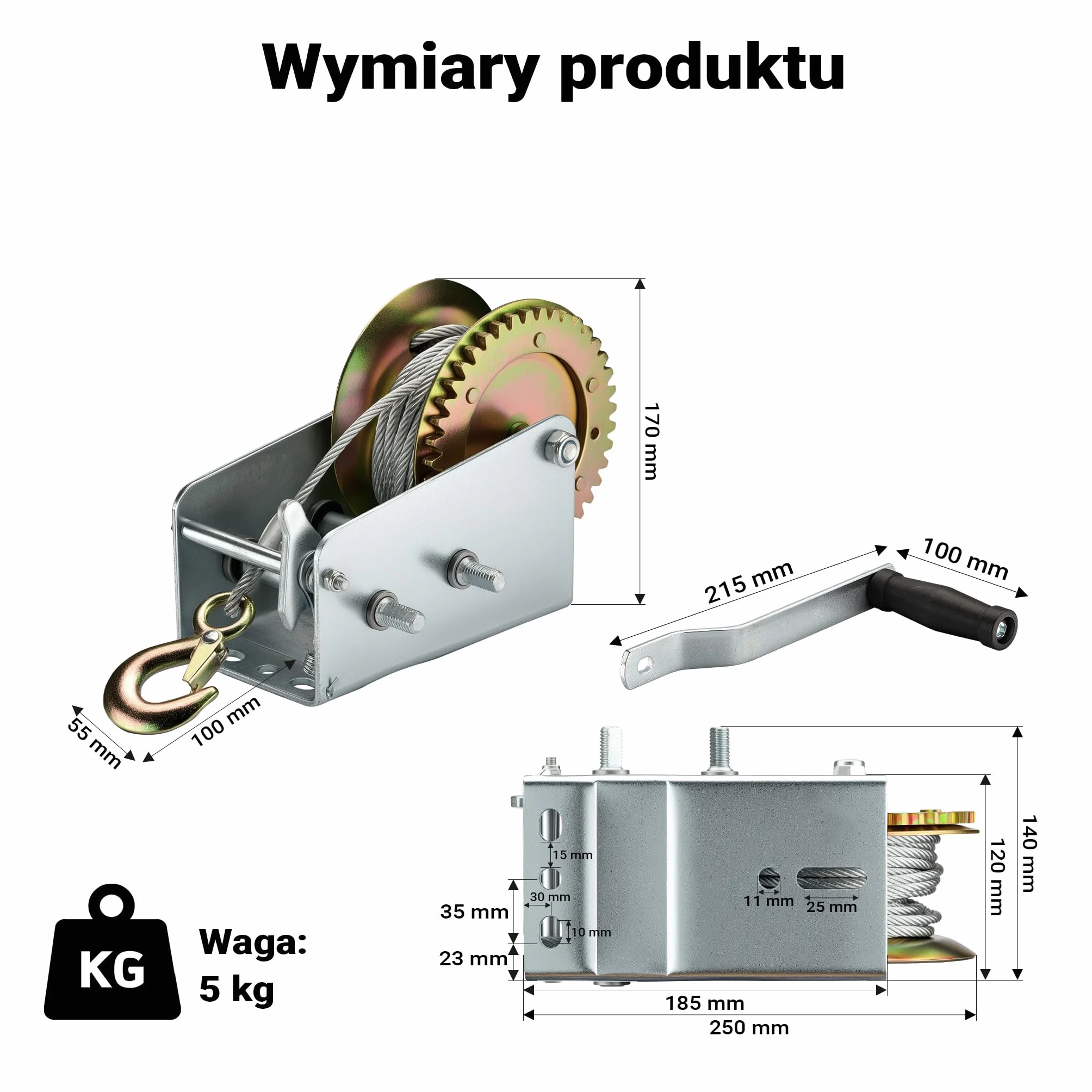 Wiltec ręczna wciągarka linowa 1100kg przełożenie 4:1 8:1 170x175x240mm lina 8m