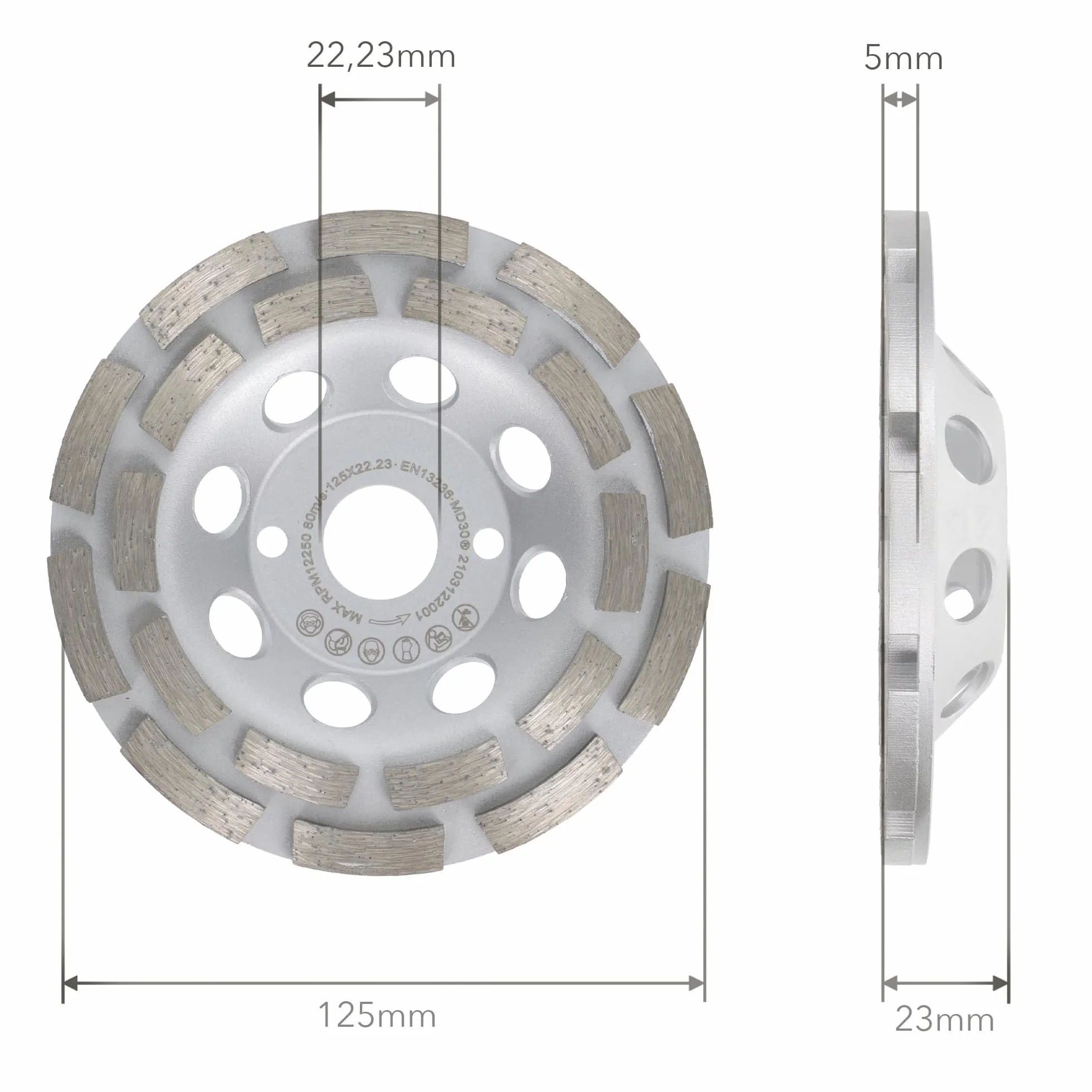 PRODIAMANT Premium PDX829.025 diamentowa ściernica garnkowa, beton/uniwersalny, 125 mm x 22,2 mm, podwójny rząd, srebrna diamentowa głowica szlifierska