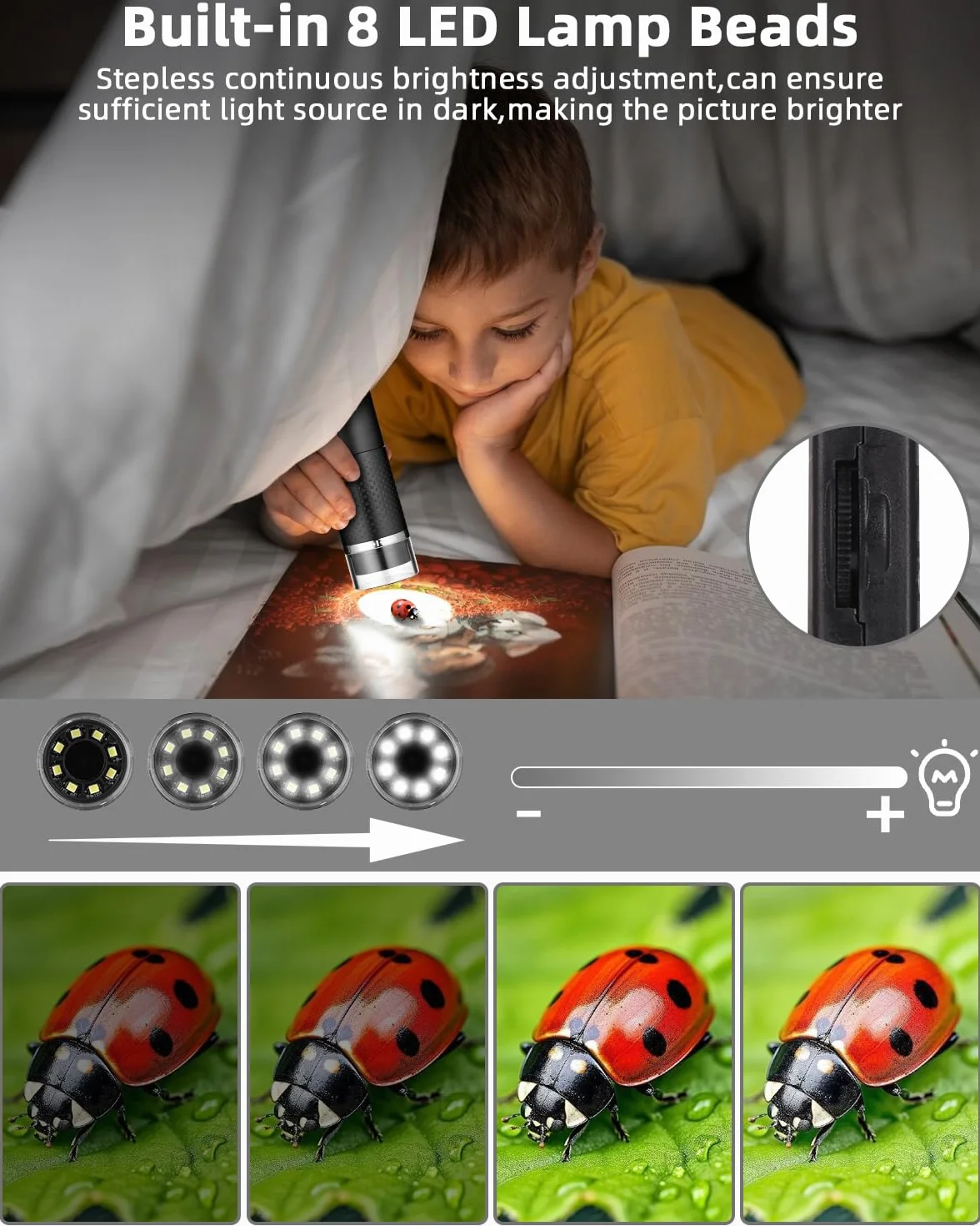 Mikroskop USB, 1080p HD, kompatybilny z iOS, Android, tabletem, przenośny mikroskop kieszonkowy od 10 do 200x, 3-stopniowa regulacja LED, mikroskop cyfrowy, przenośny mikroskop dla dorosłych i dzieci