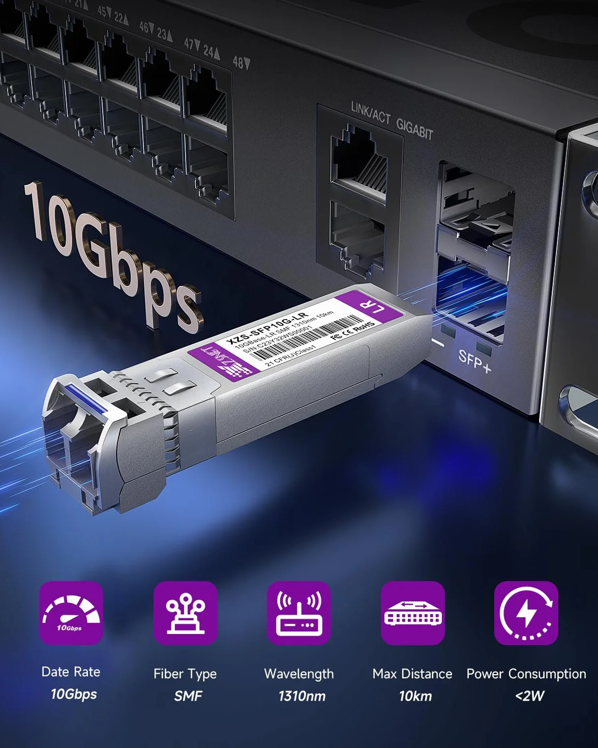 Transceiver 10GBASE-LR SFP+, jednomodowy moduł światłowodowy 10G SFP+ do LC, kompatybilny z Cisco SFP-10G-LR, Ubiquiti UniFi UF-SM-10G, Mikrotik S+31DLC10D, Meraki, Netgear, D-Link i innymi, 2