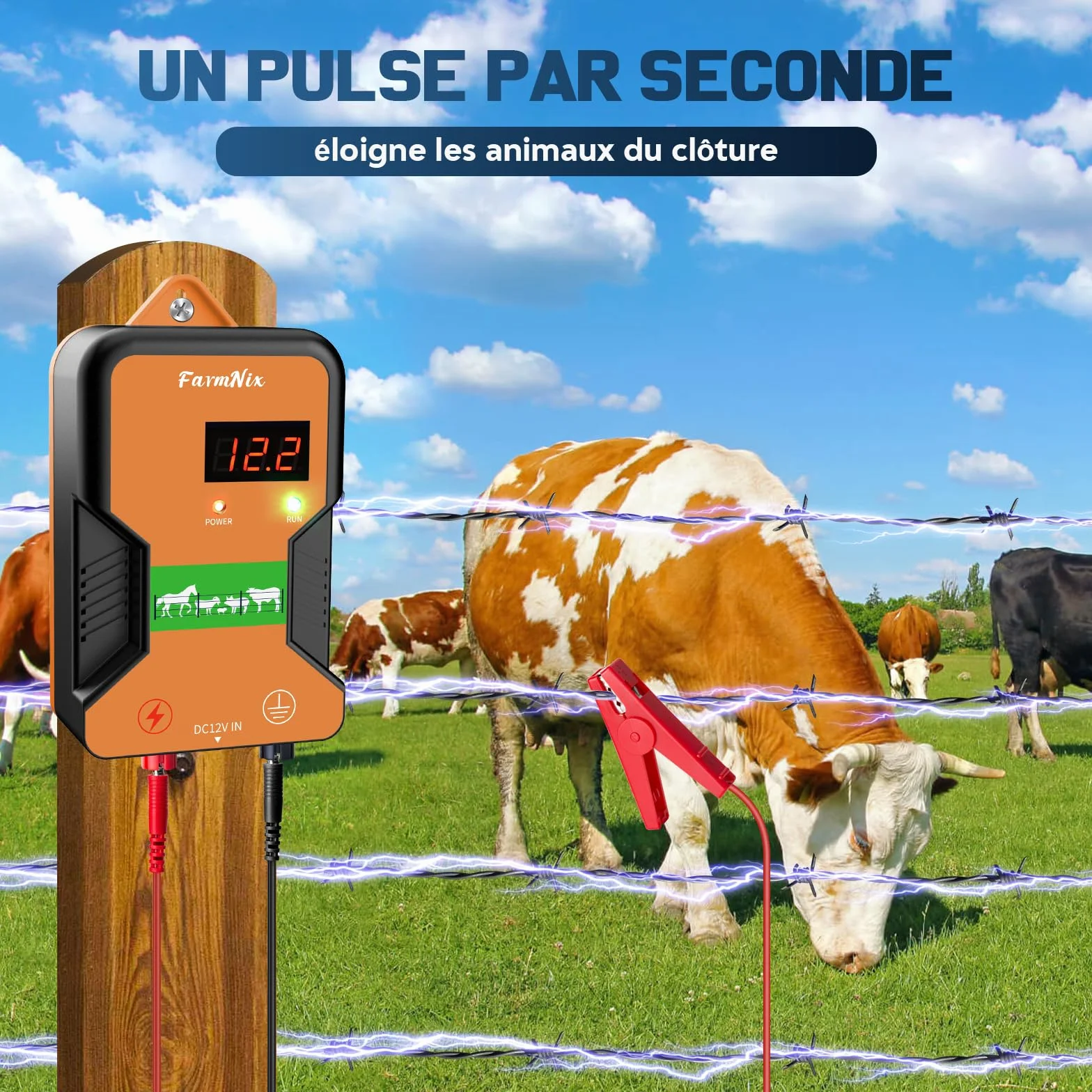 15 KM Elektryczny płot dla zwierząt gospodarskich, elektryczny elektryzator ogrodzenia, duża moc 12 V 2,0 J 10 mil, ochrona dla koni bydła, owiec i drobiu, farma ogrodowa, pastwiska