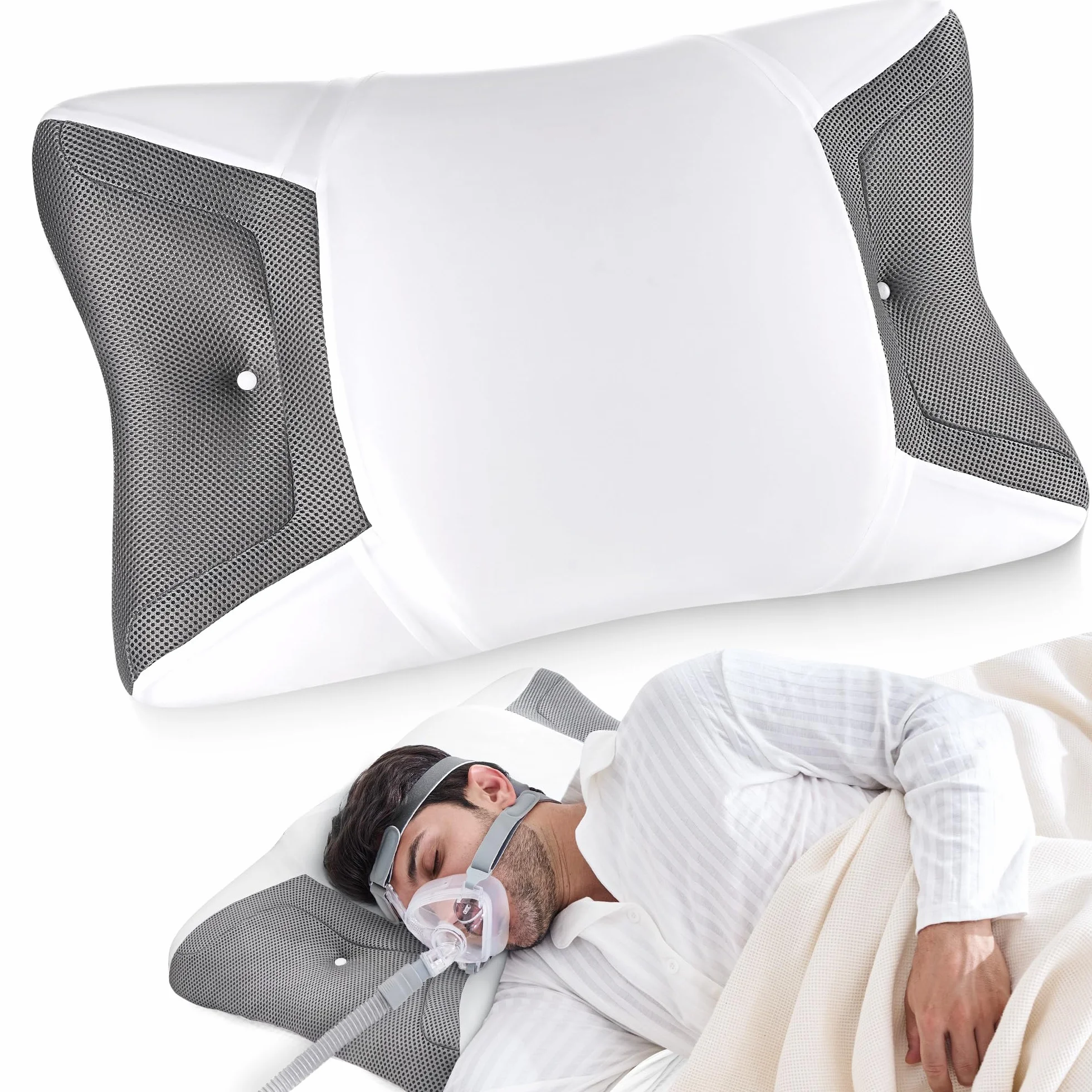 Poduszka CPAP na szyję z pianki wiskoelastycznej, ergonomiczna poduszka dla osób cierpiących na bezdech senny, z poszerzonymi rowkami bocznymi, które zmniejszają nacisk maski i wyciek powietrza