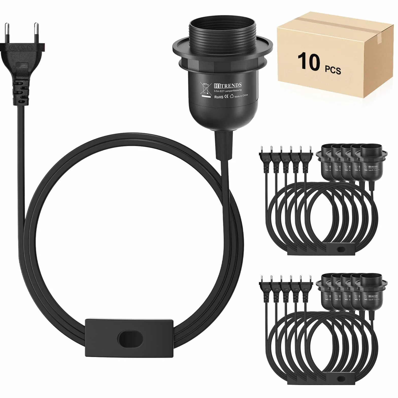 10 x E27 oprawka lampy z kablem, oprawka lampy z przełącznikiem z wtyczką EU, oprawa E27 z kablem do zawieszenia lampy, lampa wisząca, czarna