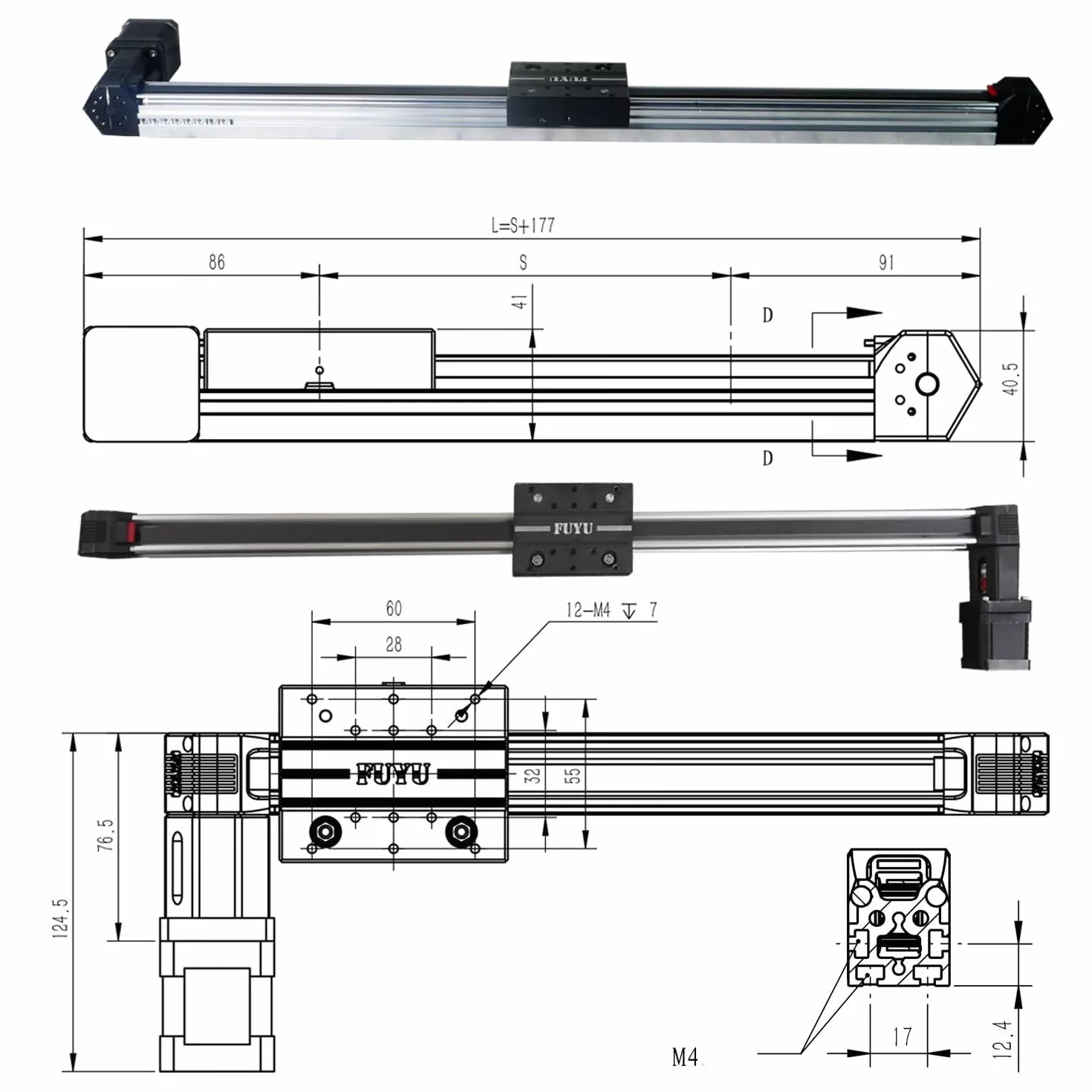 FUYU FPB30 prowadnica liniowa, napęd liniowy, stół siłowniczy, prowadnice liniowe, moduł liniowy, stopień z silnikiem krokowym Nema 17 do CNC [skok 1400 mm]