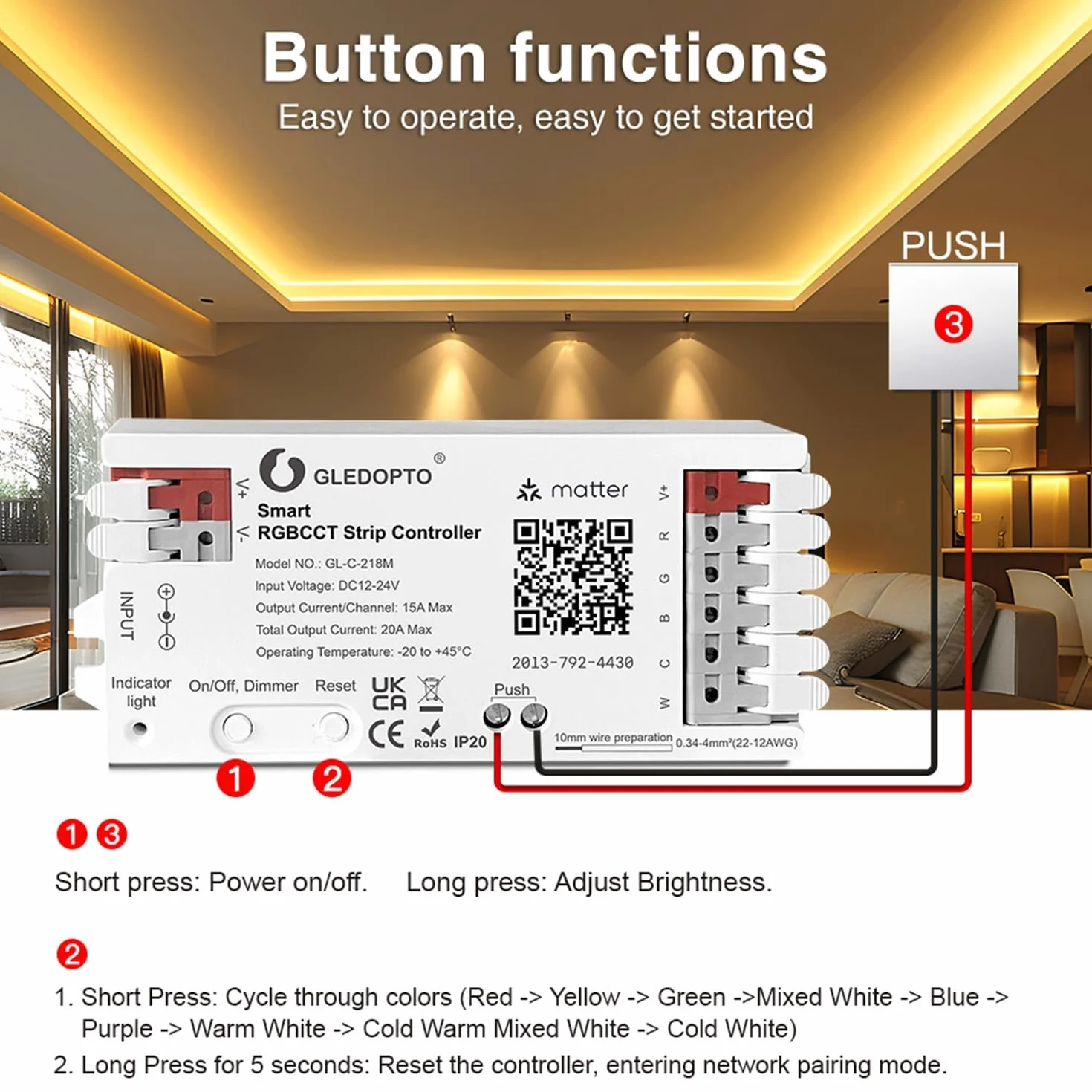 GLEDOPTO Matter WiFi RGBCCT 5-kanałowy kontroler LED 12-24 V PWM 20 A Smart Home GL-C-218M