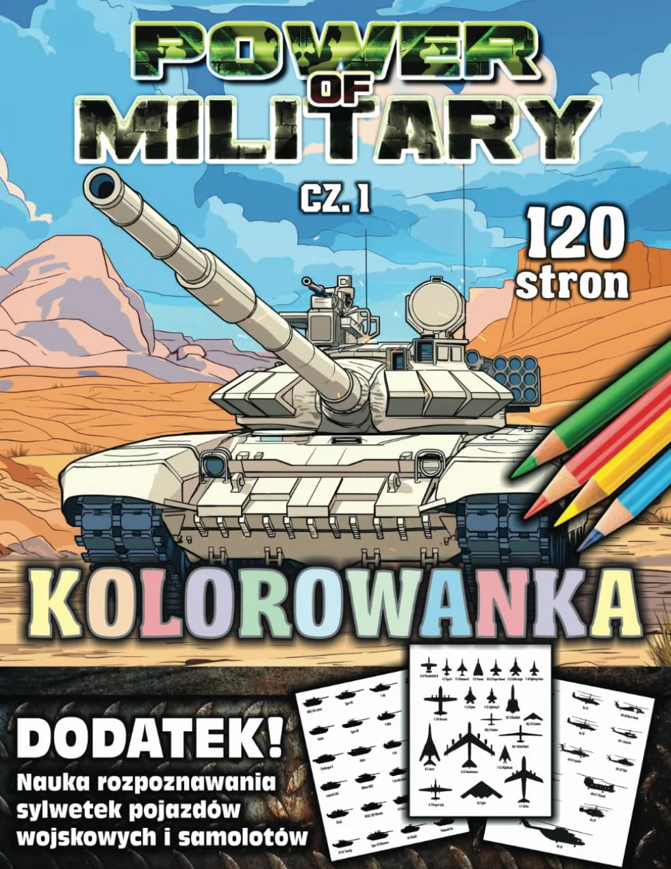 Power of Military – Kolorowanka Cz.1: Naucz się rozpoznawać sylwetki pojazdów i samolotów wojskowych, niesamowita kolorowanka dla chłopców!