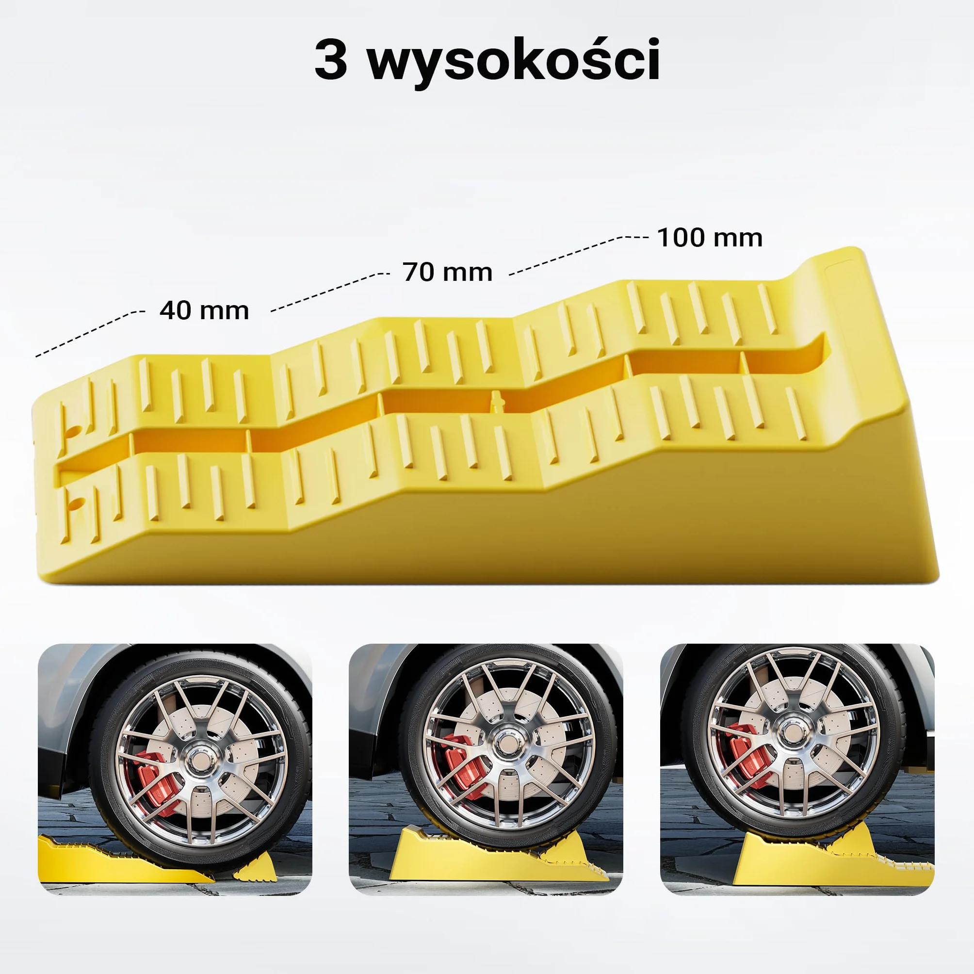 Wiltec Klin najazdowy samochodowy 2szt do 3 ton na parę, żółte podjazdy z tworzywa HDPE o 3 wysokościach 4/7/10 cm, platformy najazdowe z blokadami
