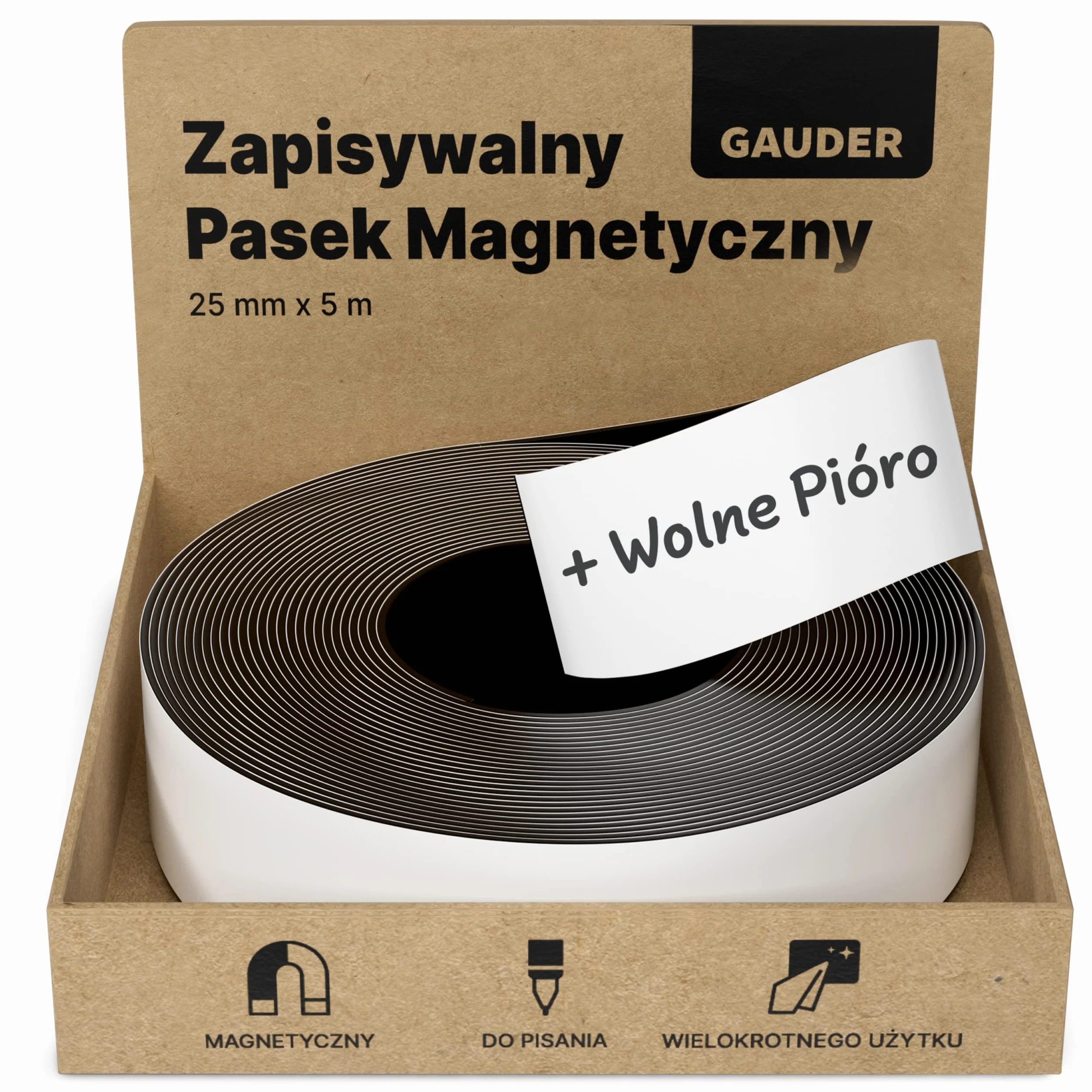 GAUDER Paski Magnetyczne zapisywalne | Taśma Magnetyczna do pisania | Paski Magnetyczne zapisywalne białe (25 mm x 5 m)