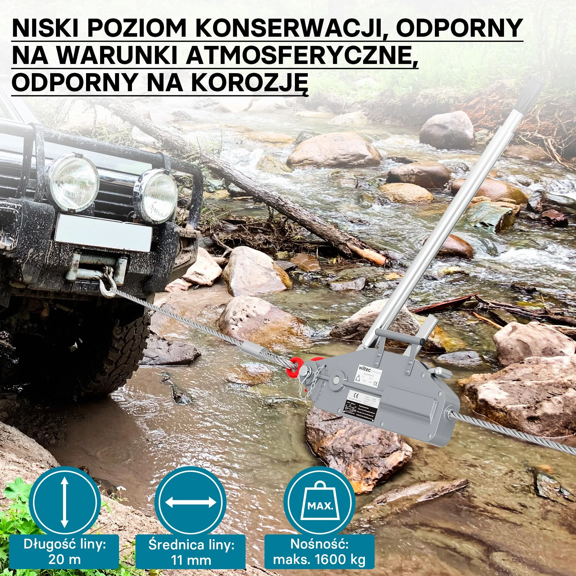 Wiltec Ręczna wciągarka linowa 1600 kg ze stalową liną 20 m i Ø 11 mm, hak z blokadą, wyciągarka ręczna do prac leśnych, budowlanych i warsztatowych