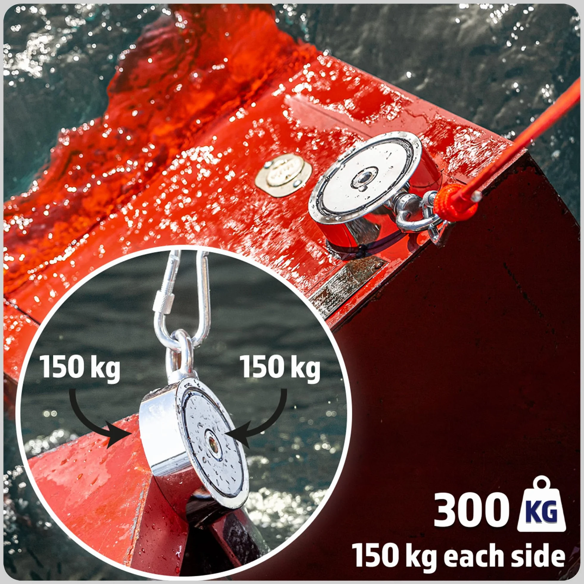 MAGFISHION Dwustronny Zestaw do Magnetycznego Wędkarstwa - Siła Przyciągania 300KG (2x 150kg) - Ø60mm - Magnes Neodymowy - Z Ciemnopomarańczową Liną (20M) & Rękawice - Magnes Ryba