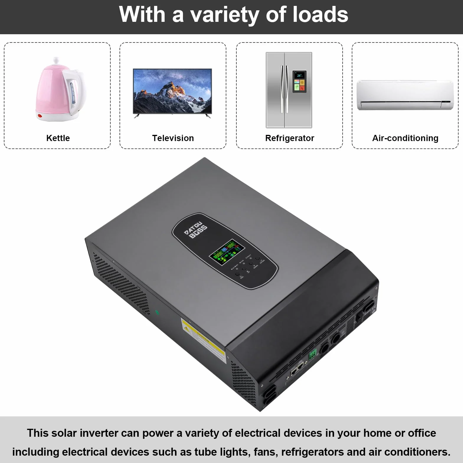 DATOUBOSS 6200 W hybrydowy falownik 48 V, 48 V DC do 220/230 V, hybrydowy falownik słoneczny 48 V, czysta fala sinusoidalna, obsługuje pracę bez baterii, z 120 A MPPT do akumulatorów