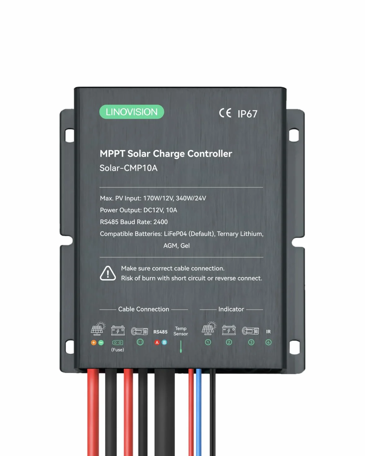 LINOVISION Kontroler ładowania słonecznego MPPT 12V/24V 10A ze zdalnym sterowaniem RS485 i dostępem do chmury dla systemu kamer zasilanych energią słoneczną, oświetlenia ulicznego, przyczepy solarnej