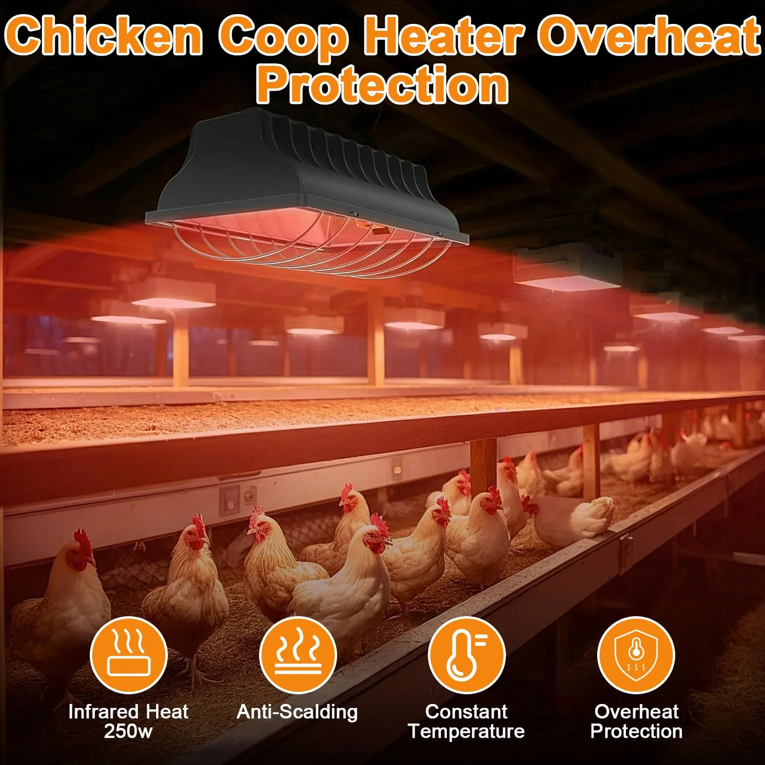 Ogrzewanie kurnika, 250 W, wodoszczelna lampa grzewcza na podczerwień, dla zwierząt, termostat, lampa grzewcza z regulowanym łańcuchem do zawieszania dla piskląt, szczeniaków, kotów, świń, psów, gadów