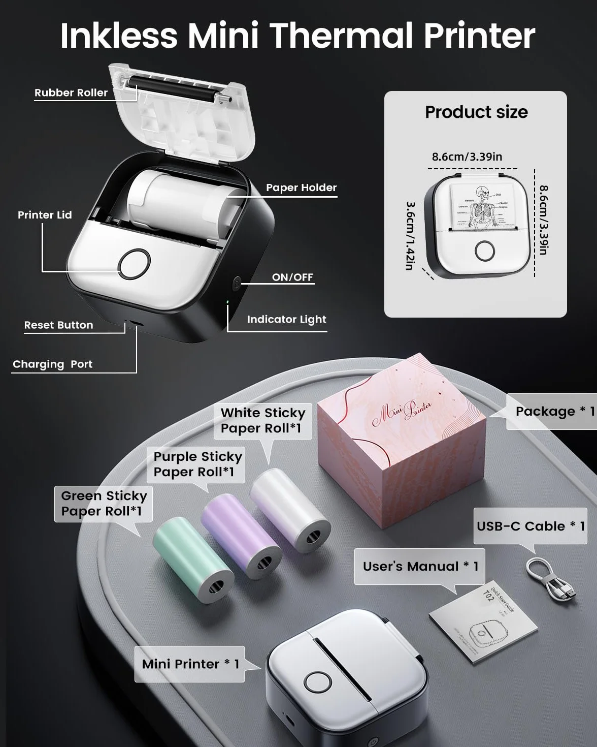 Print Pods Mini Printer - Drukarka Naklejek T02 Przenośna Drukarka Termiczna do Tworzenia Naklejek Drukarka Kieszonkowa Bluetooth Drukarka Telefoniczna do Studiowania Schematów Graficznych, Czarna