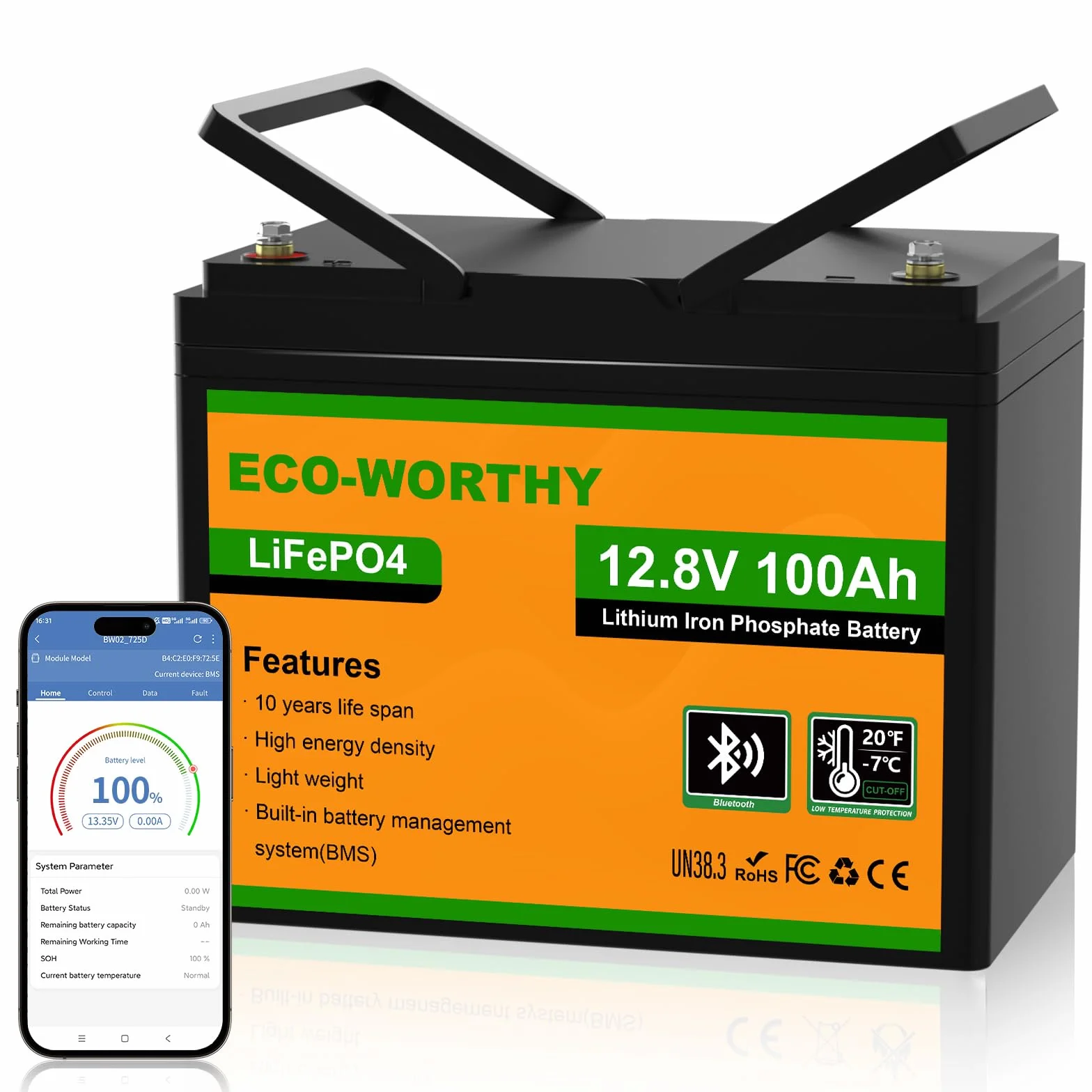 ECO-WORTHY Bateria litowa Bluetooth 12 V, 100 AH, akumulator LiFePO4 z ochroną w niskiej temperaturze, inteligentny BMS, 1280 Wh do przyczep kempingowych, samochodów kempingowych, systemów solarnych