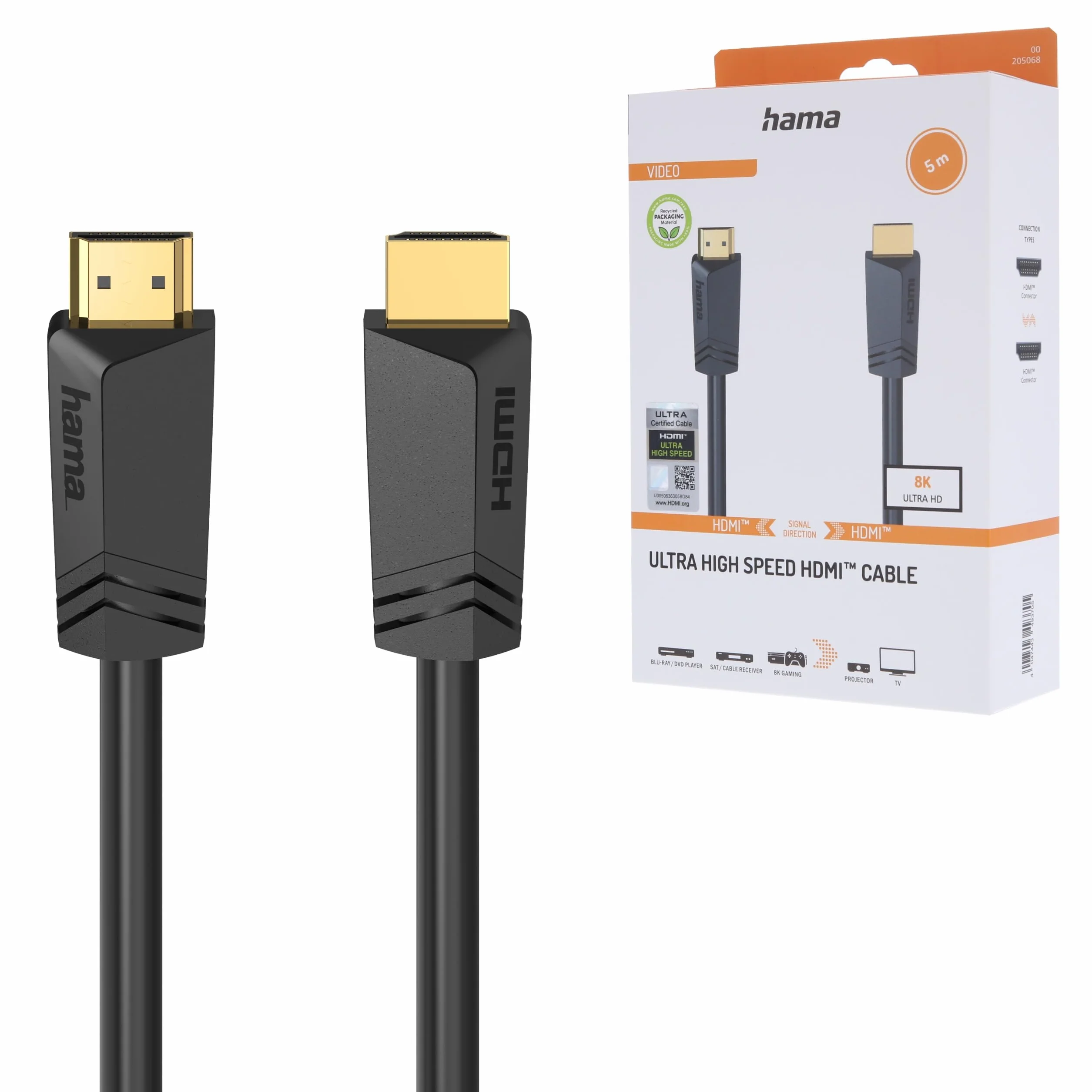 Hama Kabel HDMI 5m, Ultra High Speed, Kompatybilny z 4K/8K, 48 Gbit/s, eARC, Ethernet, HDR, Ochrona przed Zagięciem, 120Hz/60Hz