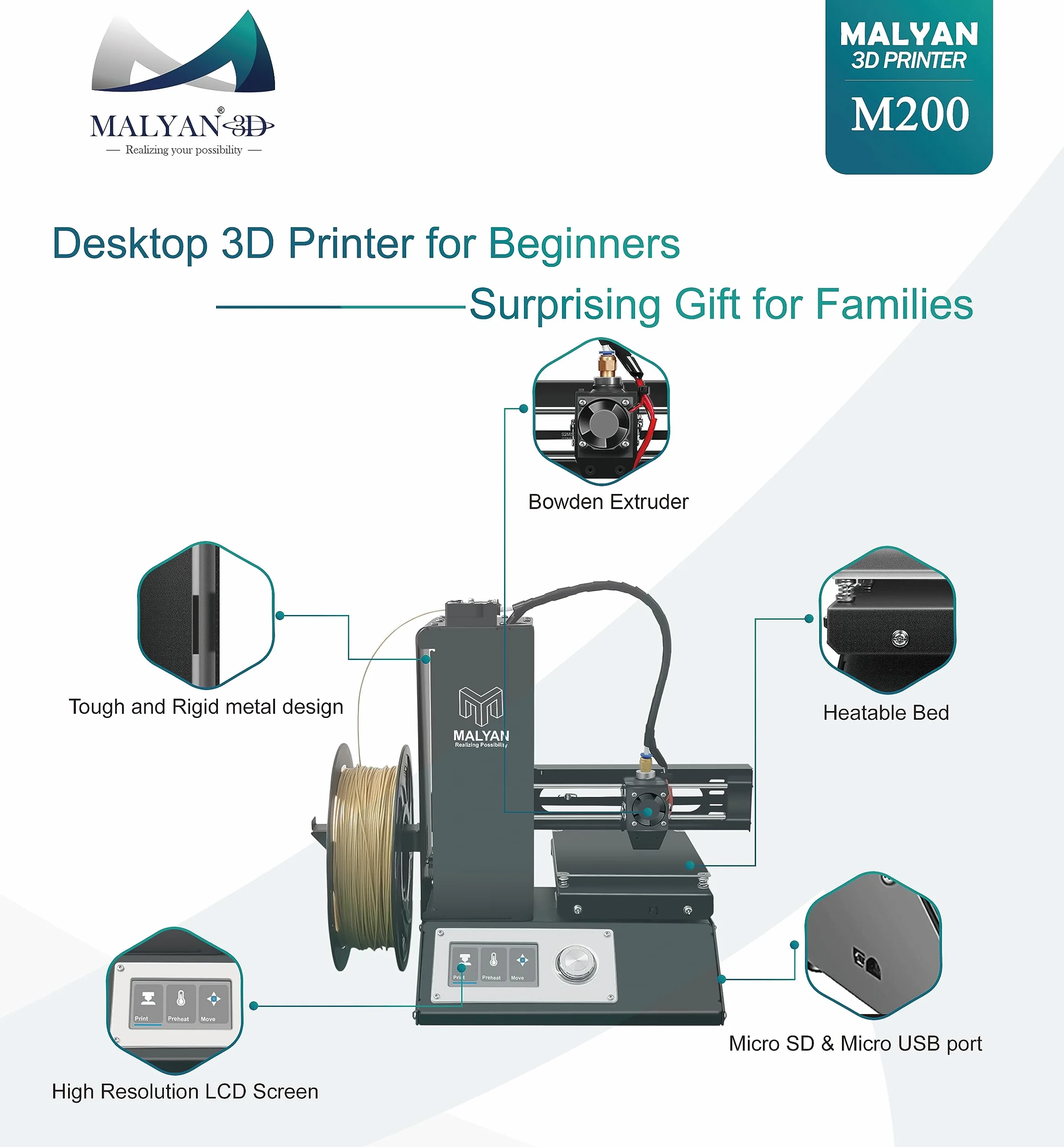 MALYAN M200 Mini drukarka 3D – Out of The Box drukarka 3D dla dzieci i początkujących, bezpłatna próbka filamentu PLA, rozmiar druku 120 x 120 x 120 mm