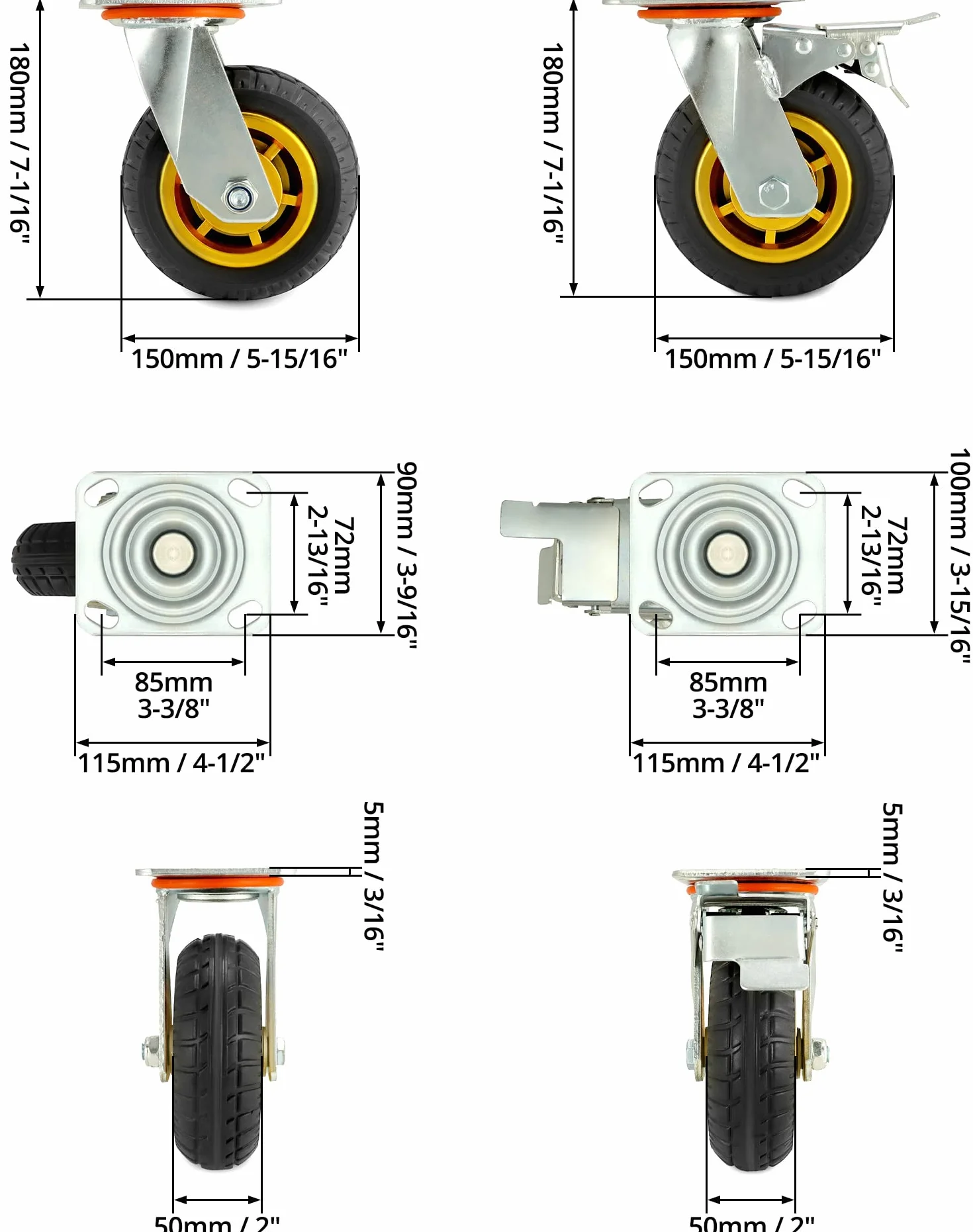 QWORK® 4 sztuki kółek do dużych obciążeń 150mm - do 250 kg na kółko - kółka skrętne z amortyzacją do transportu mebli i transportu przemysłowego (2 kółka skrętne + 2 kółka z hamulcem)