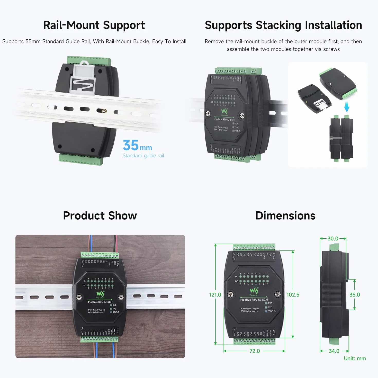 Waveshare Industrial 8-Ch Digital Input Output Module DC 7-36V Modbus RTU Rail-Mount