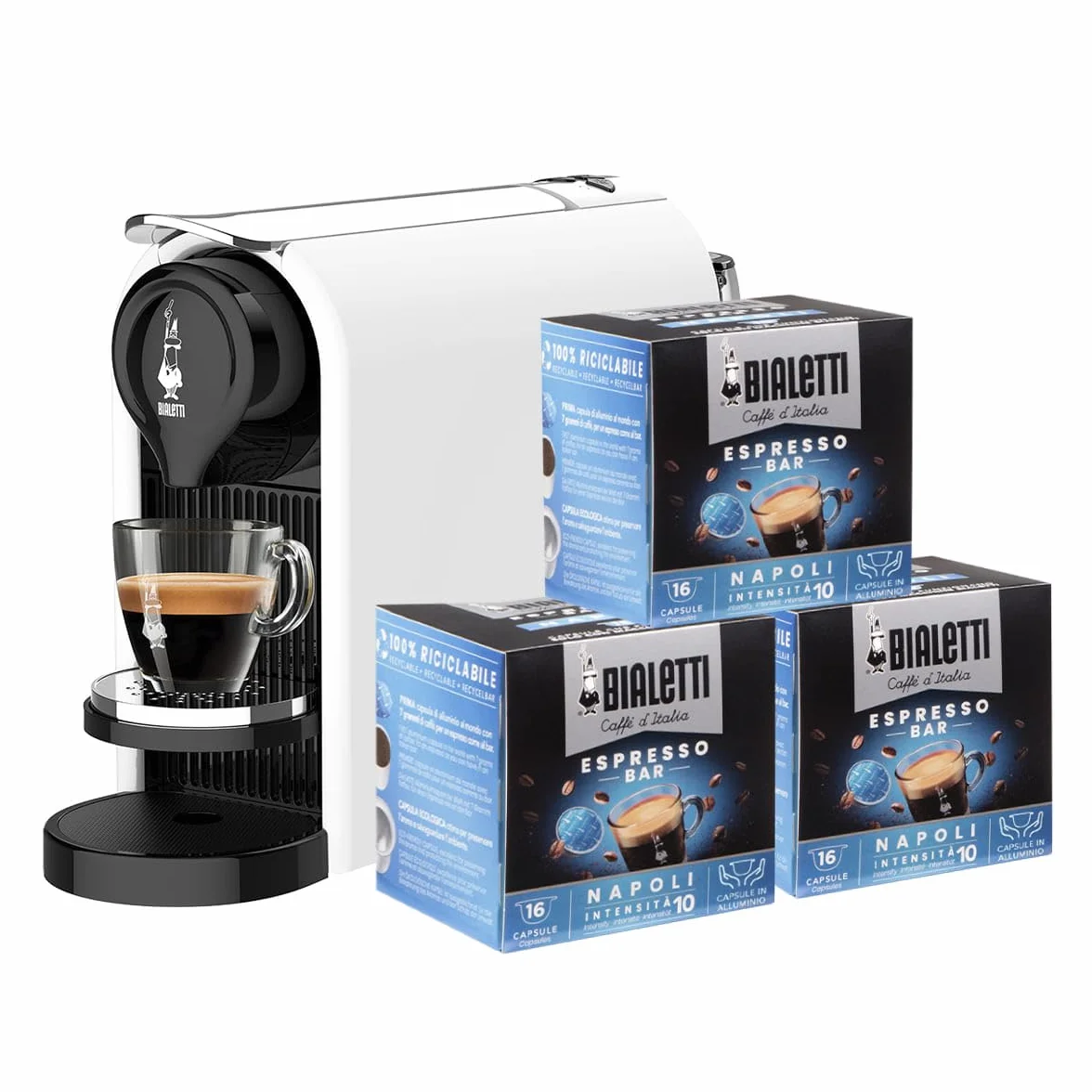 Bialetti Gioia PLUS, aluminiowa ekspres do kawy do kapsułek, zawiera 48 kapsułek, działa wyłącznie z kapsułkami, biały