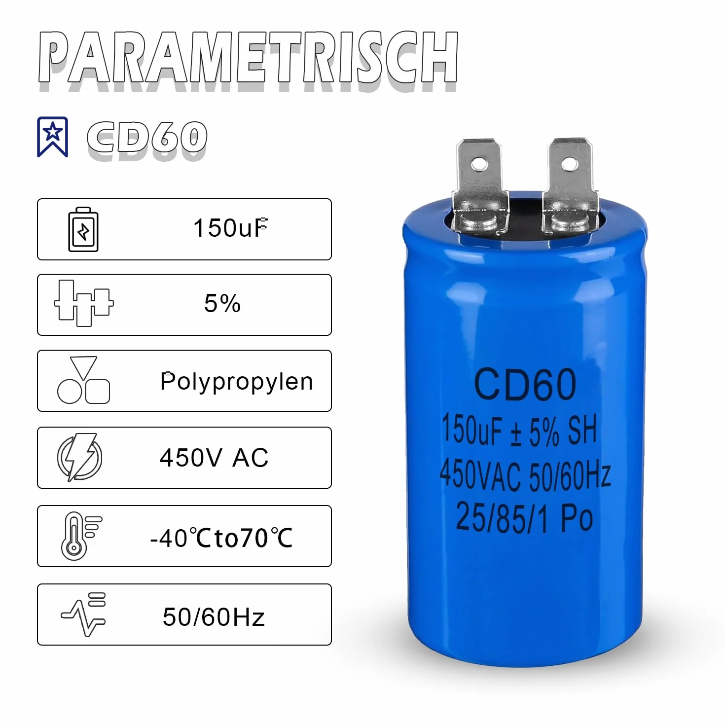 Iruihoo CD60 kondensator silnikowy 150µF 450 V kondensator 50/60 Hz kondensator rozruchowy 150UF wtyczka do silnika elektrycznego