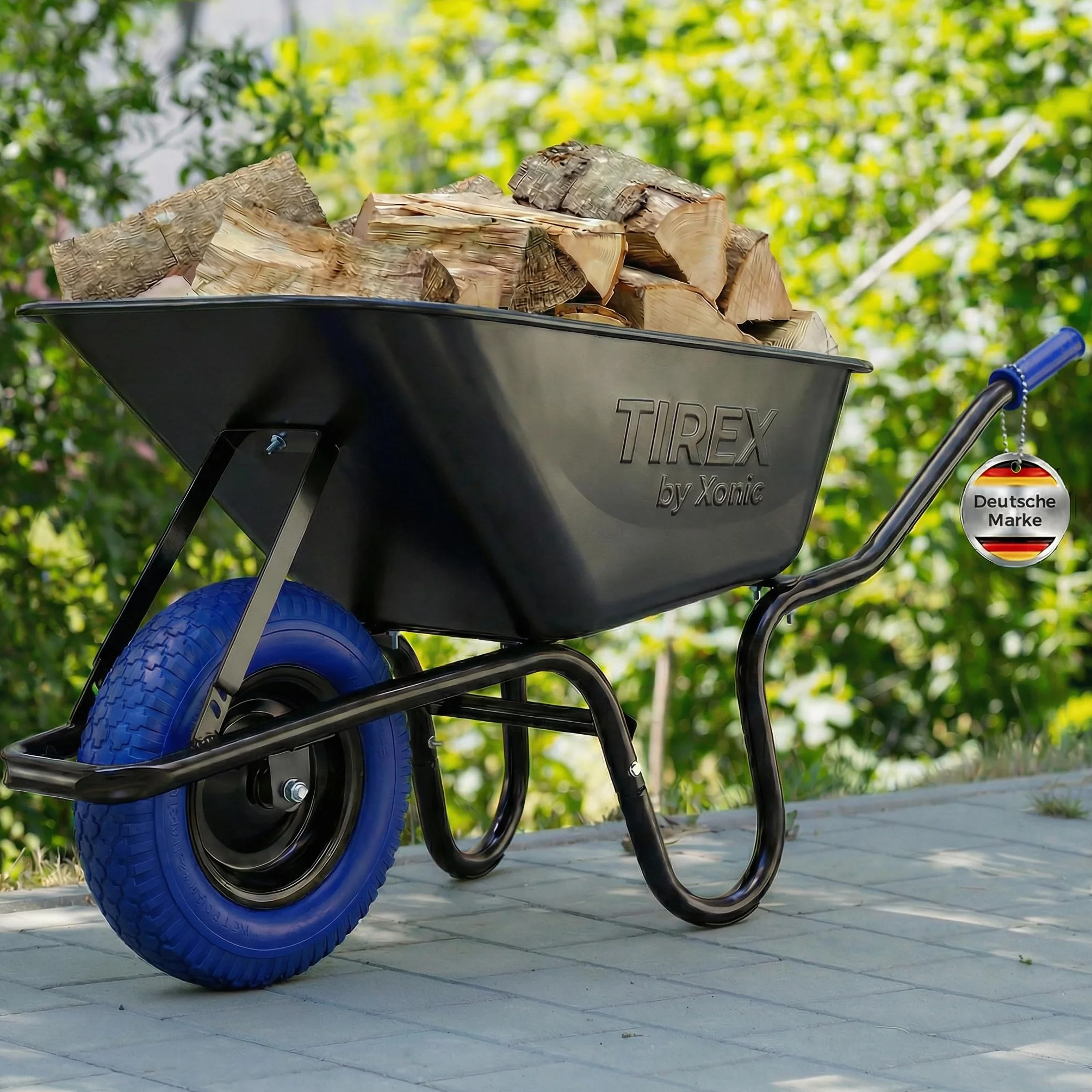 TIREX by Xonic® taczka ze stalową felgą – ocynkowana wanna do 250 kg/ 100 l – solidne wykonanie do ogrodu i na budowę – wózek przesuwny z kółkiem z pełnej gumy PU (ciemnoniebiesko-czarna)