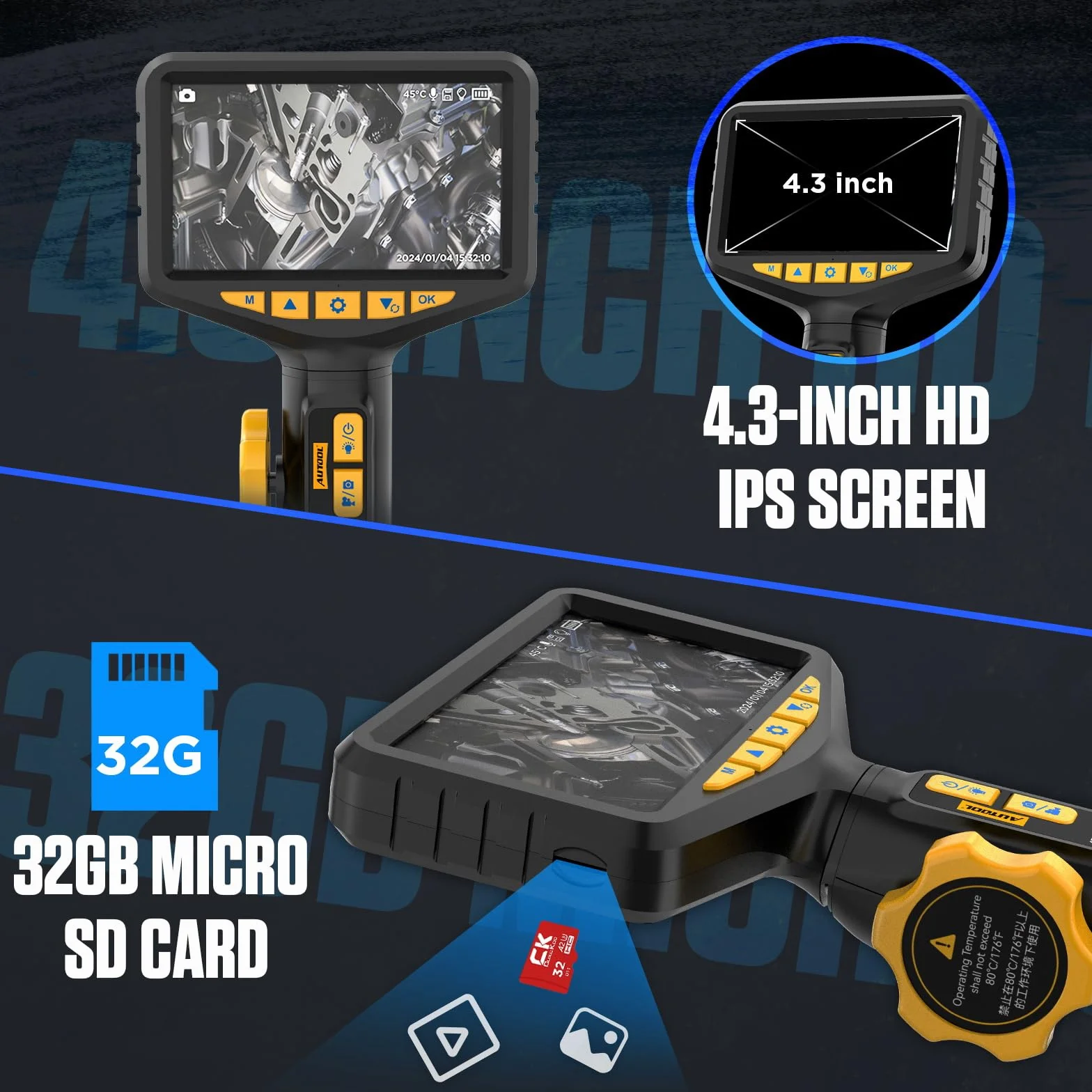 AUTOOL Dwukierunkowa kamera endoskopowa 210° 1080p boroskop przegubowy 0,5 cm karta SD 32 GB