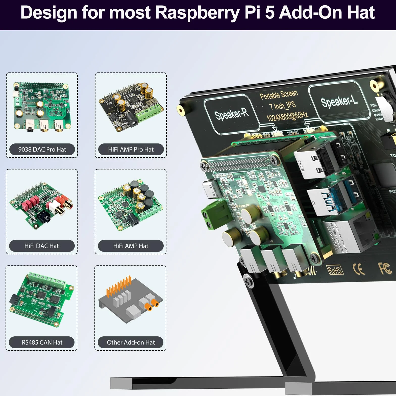 InnoMaker 7-calowy Wyświetlacz LCD IPS z Pojemnościowym Ekranem Dotykowym 1024x600 Monitor HDMI do Raspberry Pi 5/4B/3B+/3B/B+, Wbudowane Podwójne Głośniki, Obsługa DAC/DAC PRO/AMP/AMP PRO