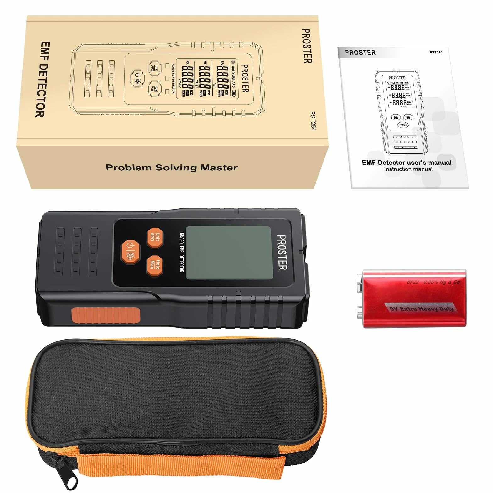 Proster EMF cyfrowy detektor promieniowania 3 w 1 do pól EF RF MF, 5G, WiFi