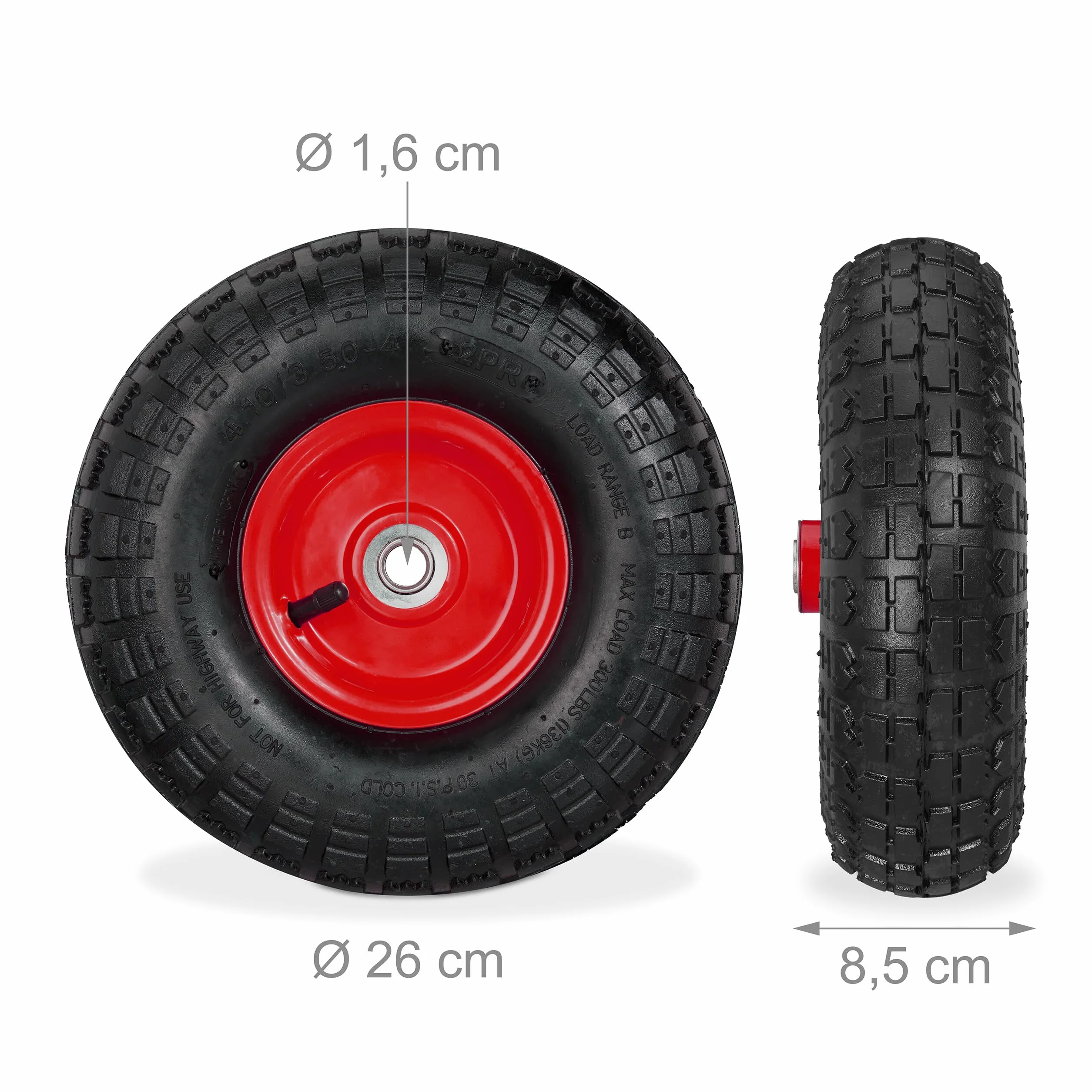 Relaxdays 2 x koło do wózka transportowego 4.1/3.5-4, koła zapasowe z oponami pneumatycznymi, oś 16 mm, do 136 kg, felga stalowa, 260 x 85 mm, czarno-czerwone