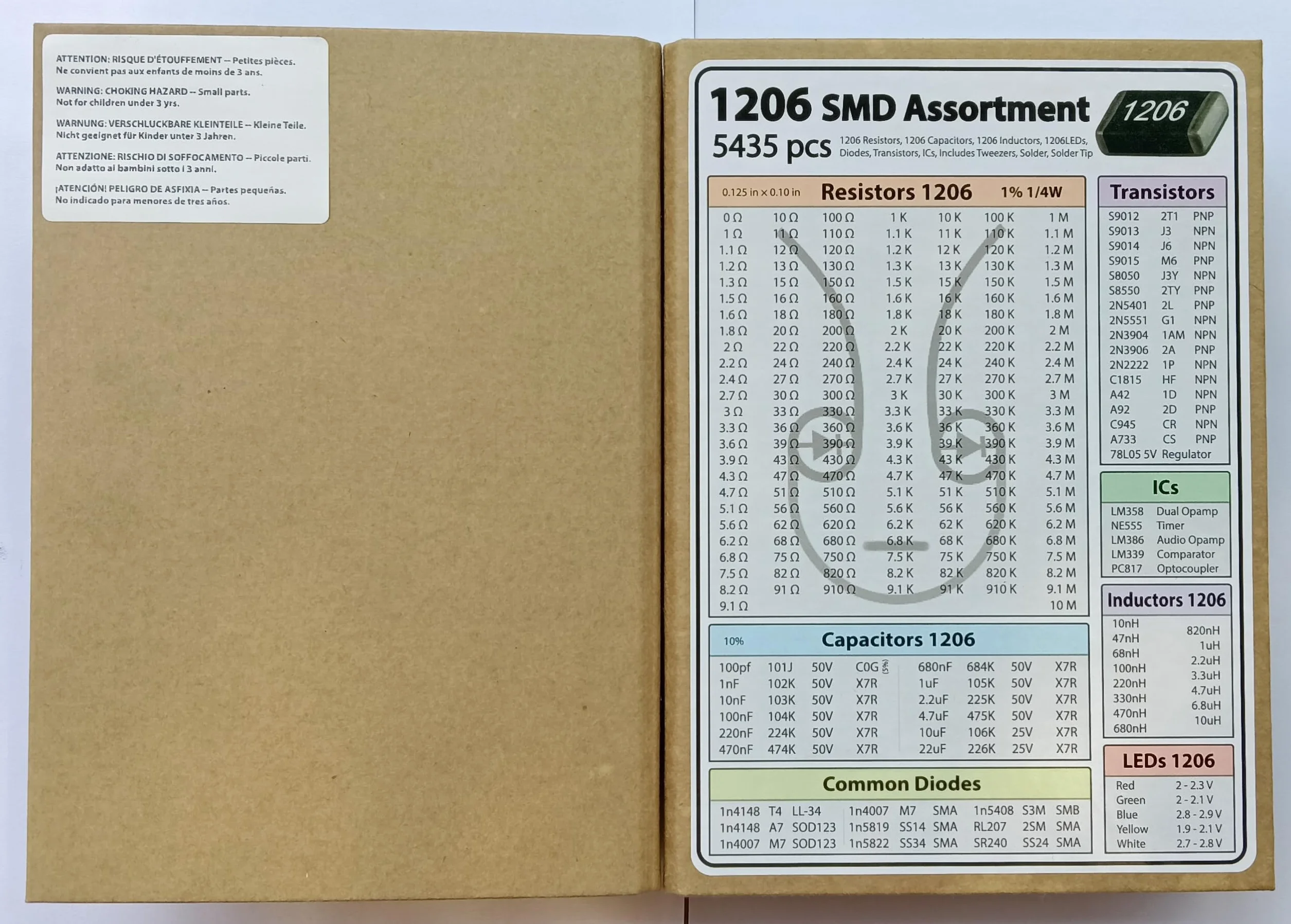 SMD SMT 1206 części elektronicznych asortyment książek, rezystor, kondensator, dioda, tranzystor, IC, opamp, lutowanie, 5435 sztuk