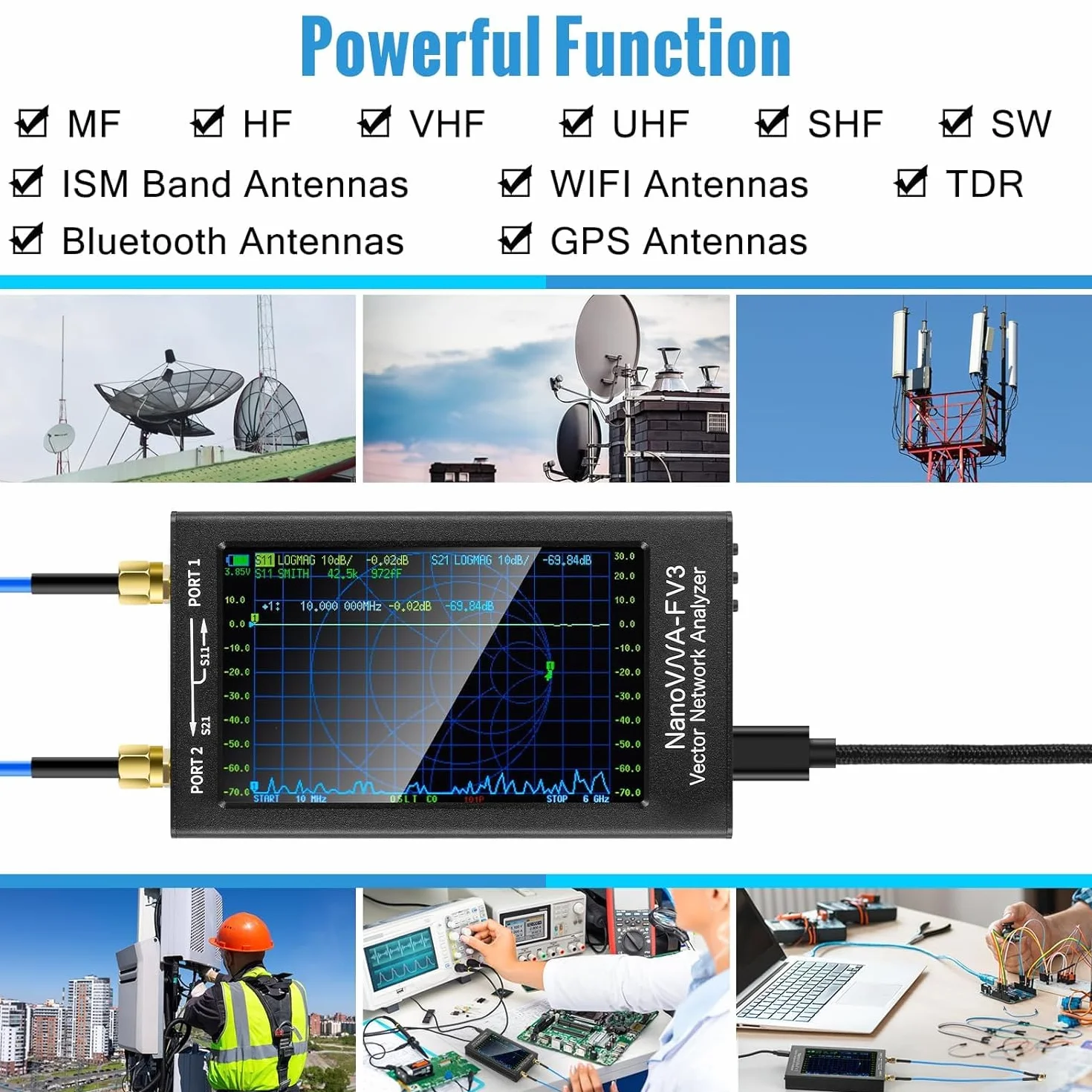NanoVNA-F V3 Wektorowy analizator sieci 1KHz-6GHz MF HF VHF UHF SHF 4.3" pomiar parametrów S