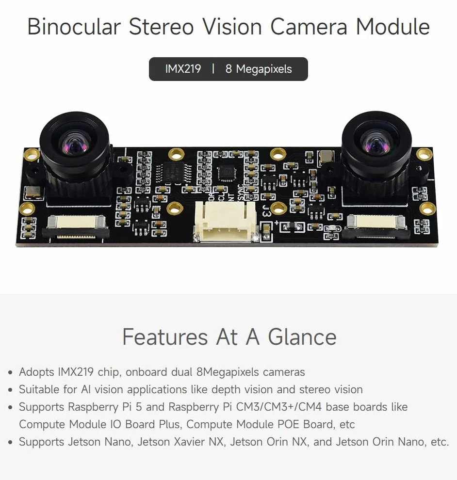 Waveshare IMX219-83 Stereo Camera 8MP Binocular Camera Module Stereo Vision Depth Vision Applicable for Jetson Nano Developer Kit B01 and Raspberry Pi CM3/CM3+ Expansion Board