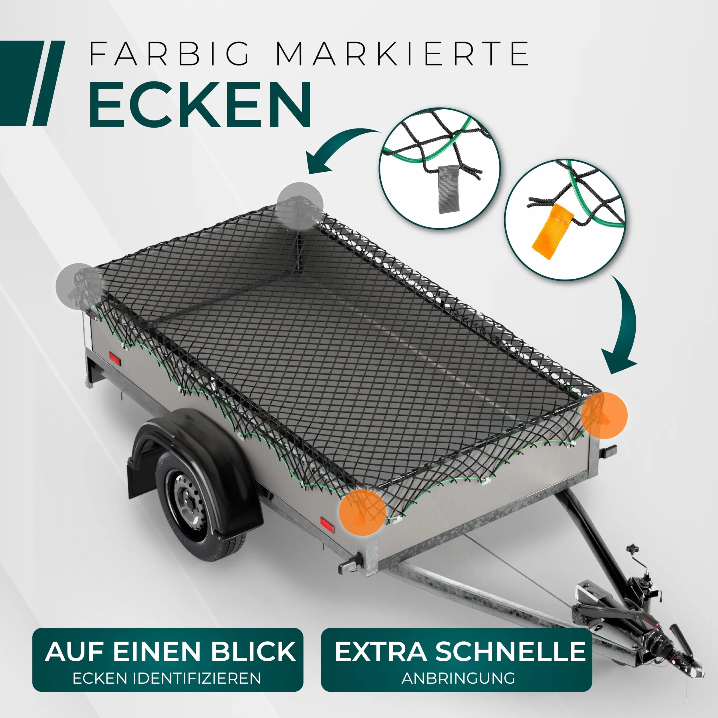 CargoVA® Inteligentna siatka na przyczepę do idealnego zabezpieczenia ładunku, rozciągliwa, od 1 x 2 m do 2 x 3 m, czarna, z gumową linką, 20 haczyków do plandek, oznaczone narożniki