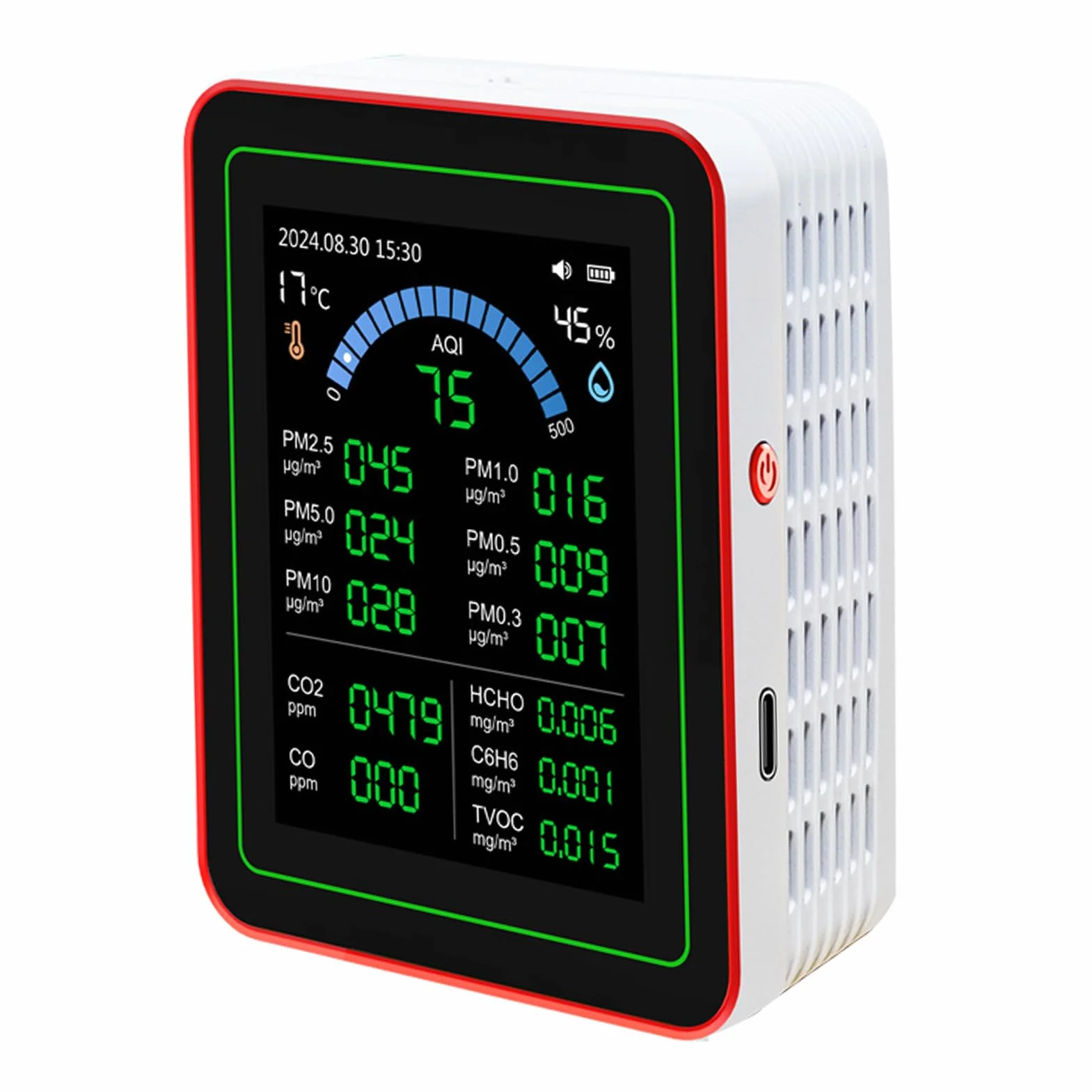18 w 1 Tester Jakości Powietrza do Domu, Monitor Jakości Powietrza w Pomieszczeniach, z Indeksem Jakości Powietrza, CO2, HCHO, TVOC, PM5.0, PM0.3, PM1.0, PM2.5, PM10 itd.
