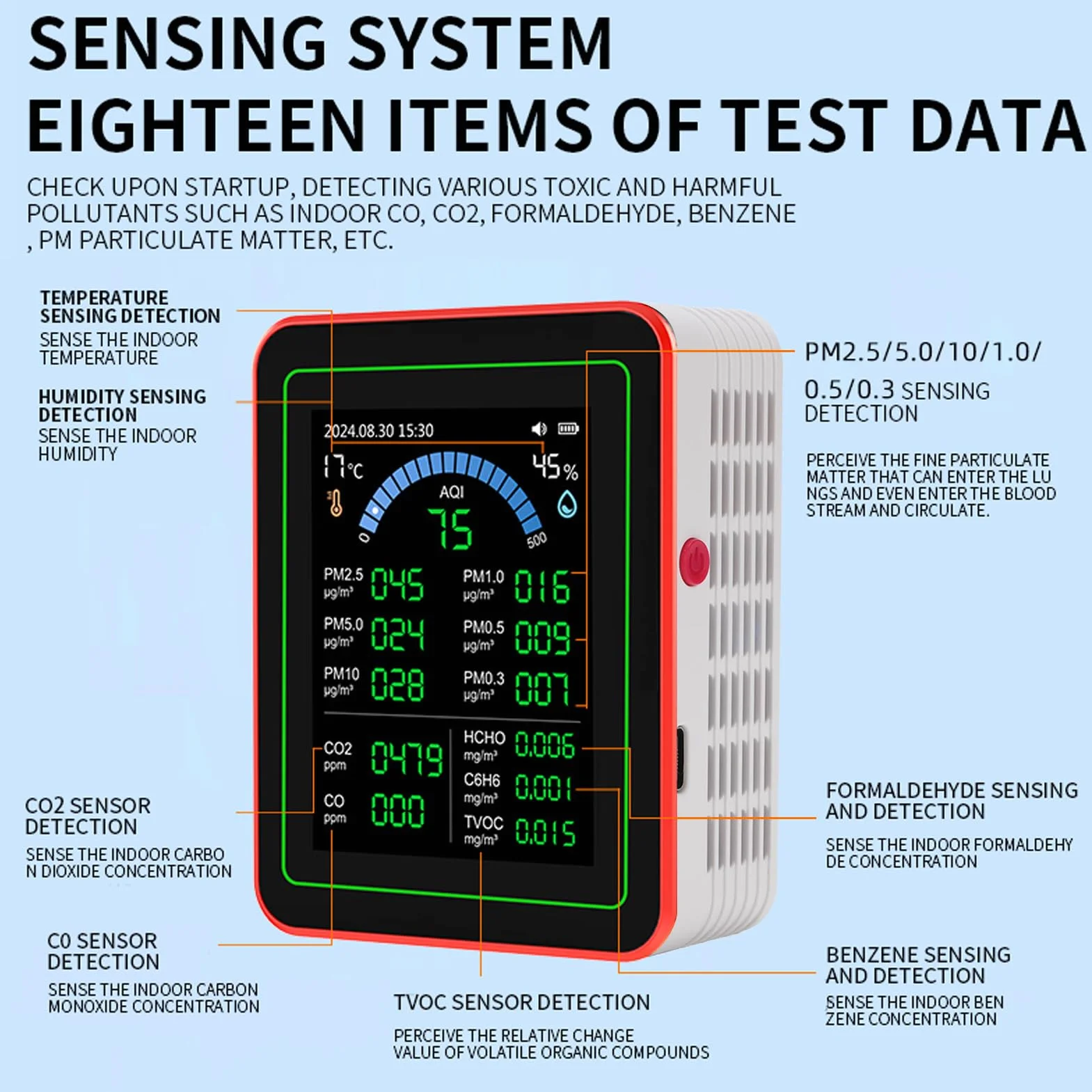 18 w 1 Tester Jakości Powietrza do Domu, Monitor Jakości Powietrza w Pomieszczeniach, z Indeksem Jakości Powietrza, CO2, HCHO, TVOC, PM5.0, PM0.3, PM1.0, PM2.5, PM10 itd.
