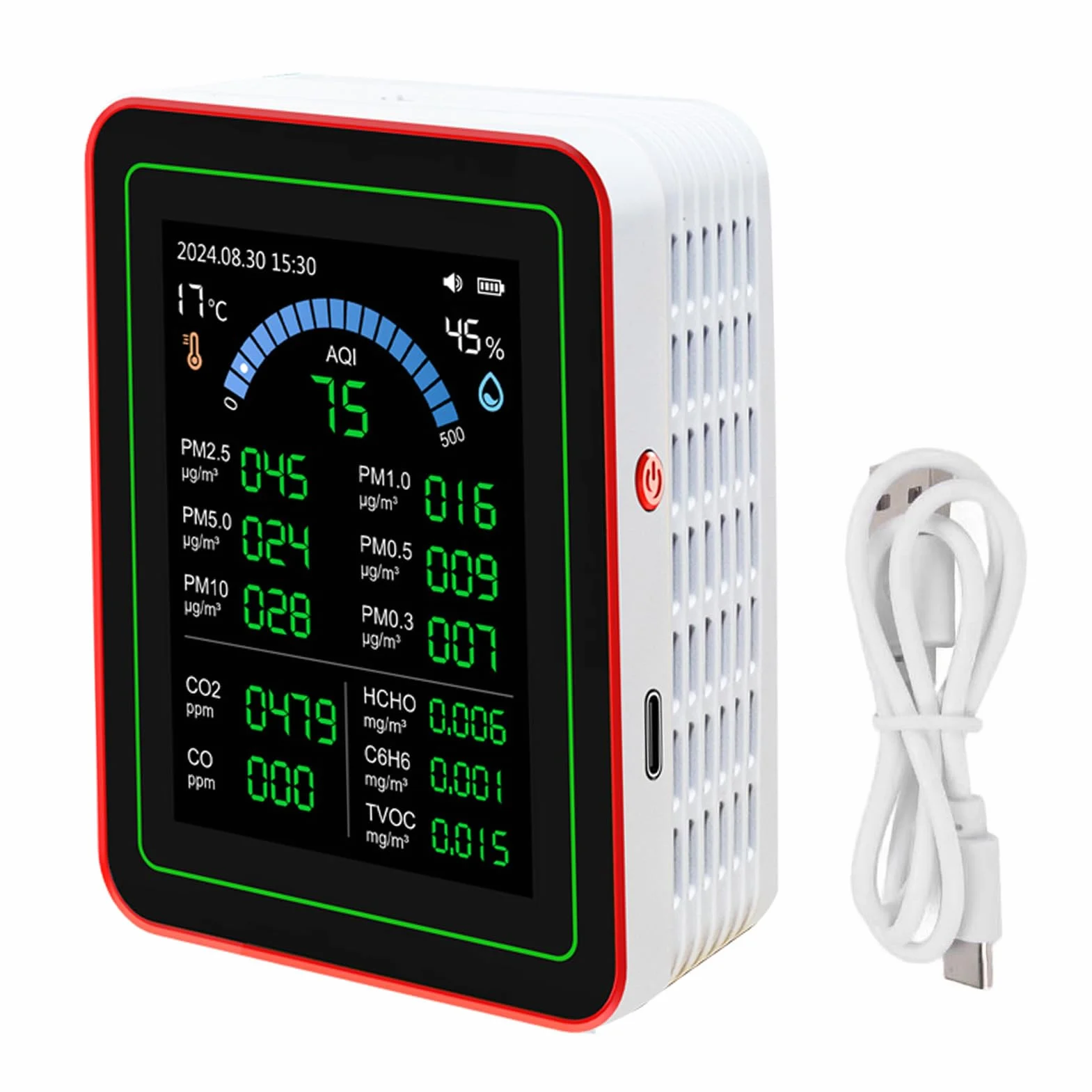 18 w 1 Tester Jakości Powietrza do Domu, Monitor Jakości Powietrza w Pomieszczeniach, z Indeksem Jakości Powietrza, CO2, HCHO, TVOC, PM5.0, PM0.3, PM1.0, PM2.5, PM10 itd.