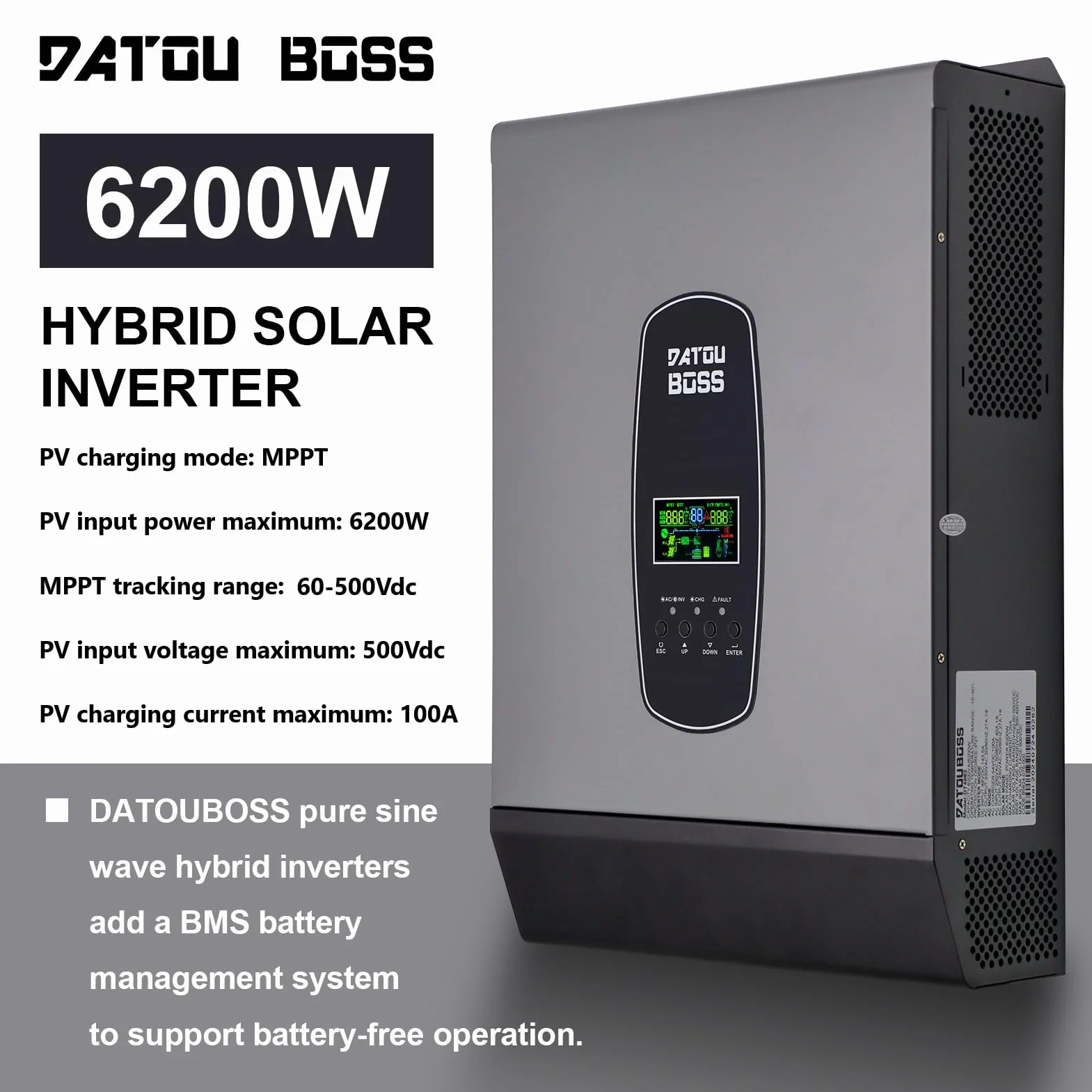 DATOUBOSS 6200 W hybrydowy falownik 48 V, 48 V DC do 220/230 V, hybrydowy falownik słoneczny 48 V, czysta fala sinusoidalna, obsługuje pracę bez baterii, z 120 A MPPT do akumulatorów