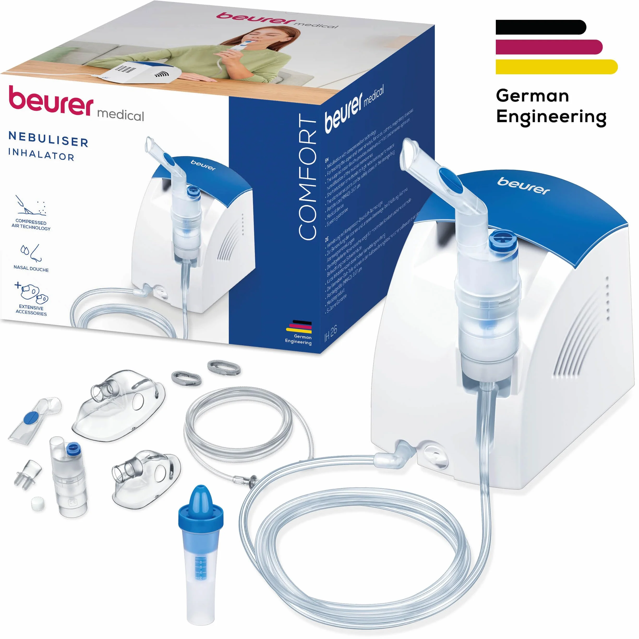 Beurer IH 26 Inhalator, Nebulizator z prysznicem do nosa, wysoka wydajność nebulizacji, inhalator do leczenia chorób dróg oddechowych takich jak astma i przeziębienie, dla dzieci i dorosłych