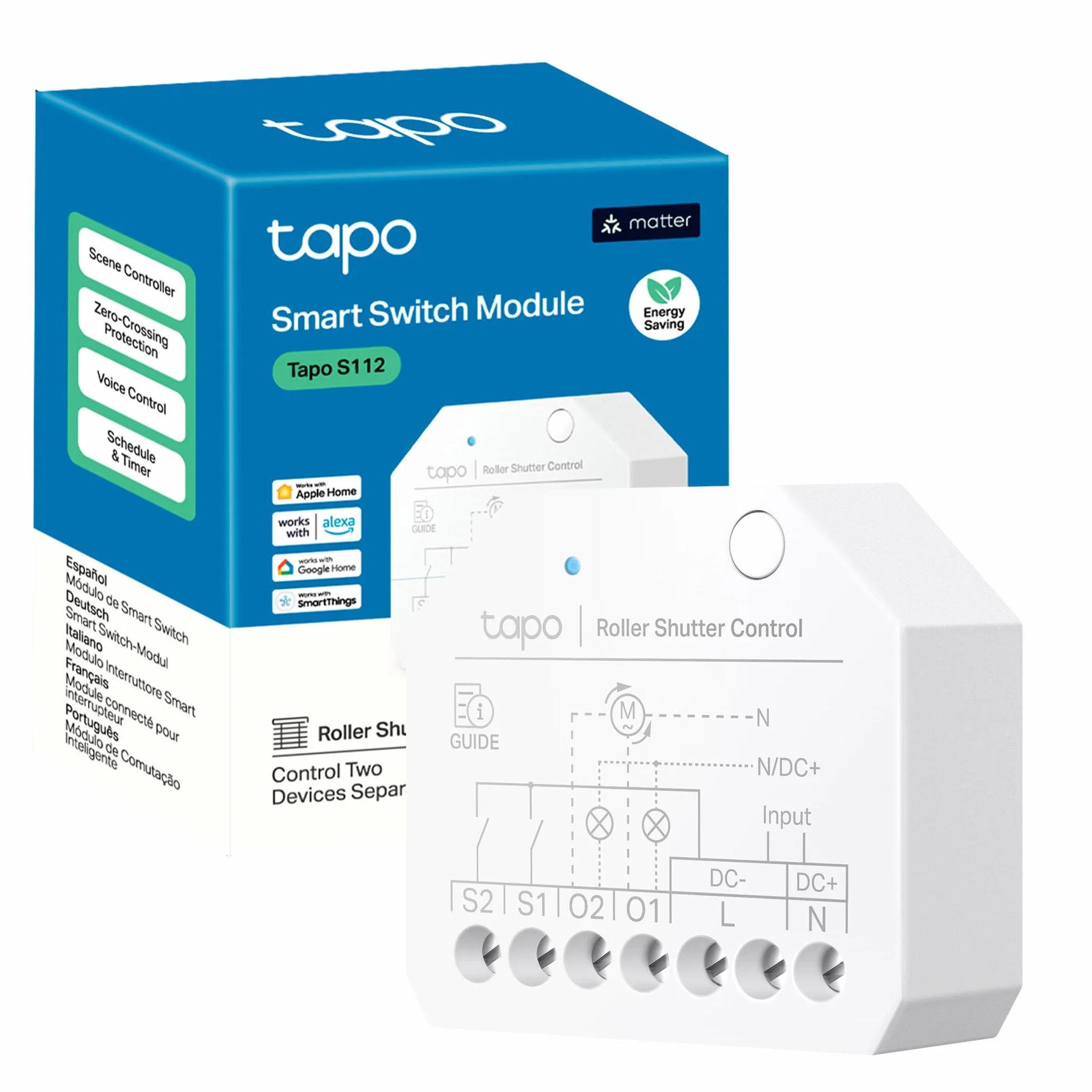 Tapo S112 | 2-kanałowy przełącznik przekaźnika Wi-Fi i Bluetooth Smart – 6 A | sterowanie roletą i oświetleniem z pomiarem zużycia energii | kompatybilny z matorami | zdalne sterowanie za pomocą