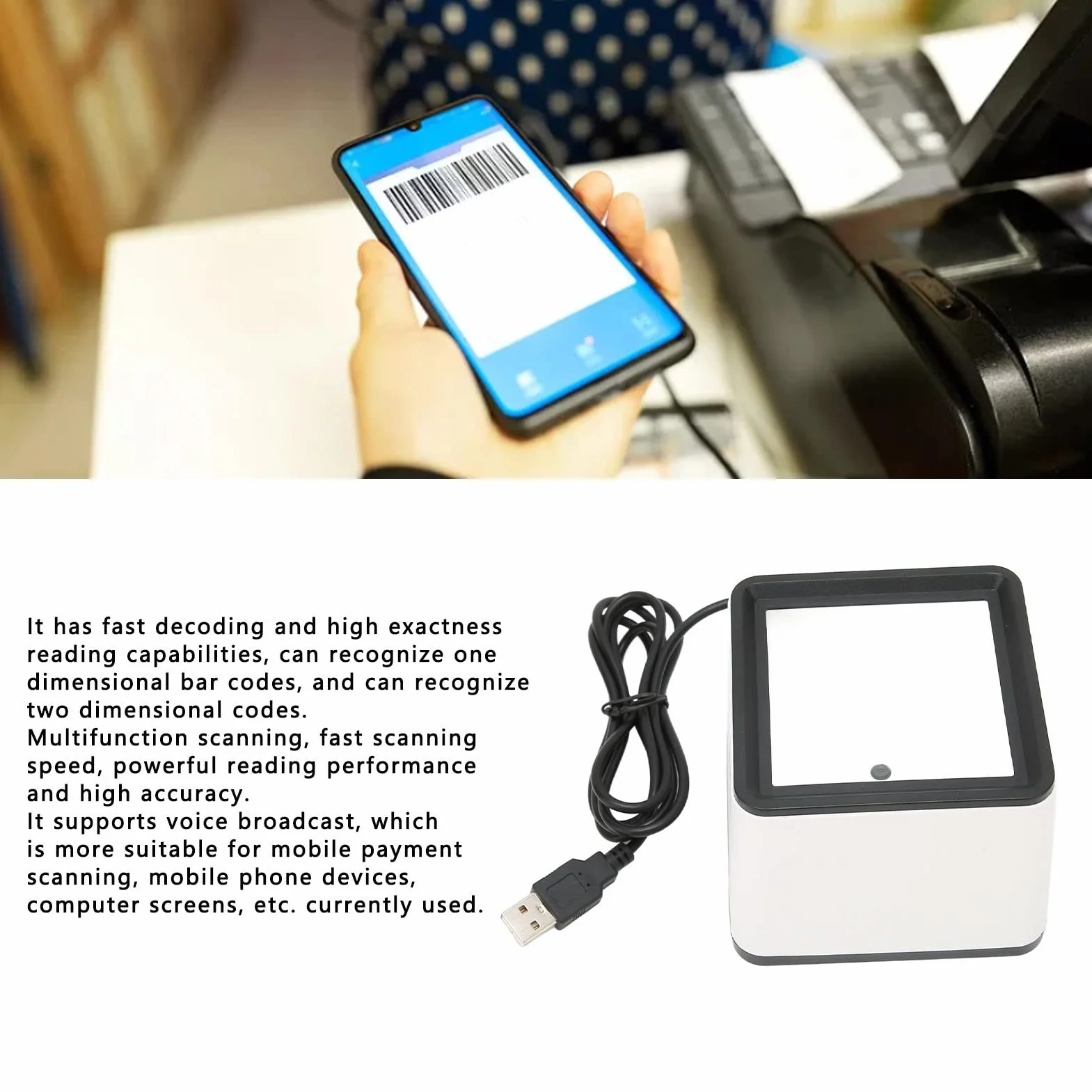Wolny od Rąk Skaner Kodów Kreskowych, Skaner Kodów Kreskowych R42 2D 1D Wszechstronny Pulpit Czytnik Kodów Kreskowych USB Mobilny Kod Skanowania Pudełko Płatności, dla POS PC Supermarket Księgarnia Re