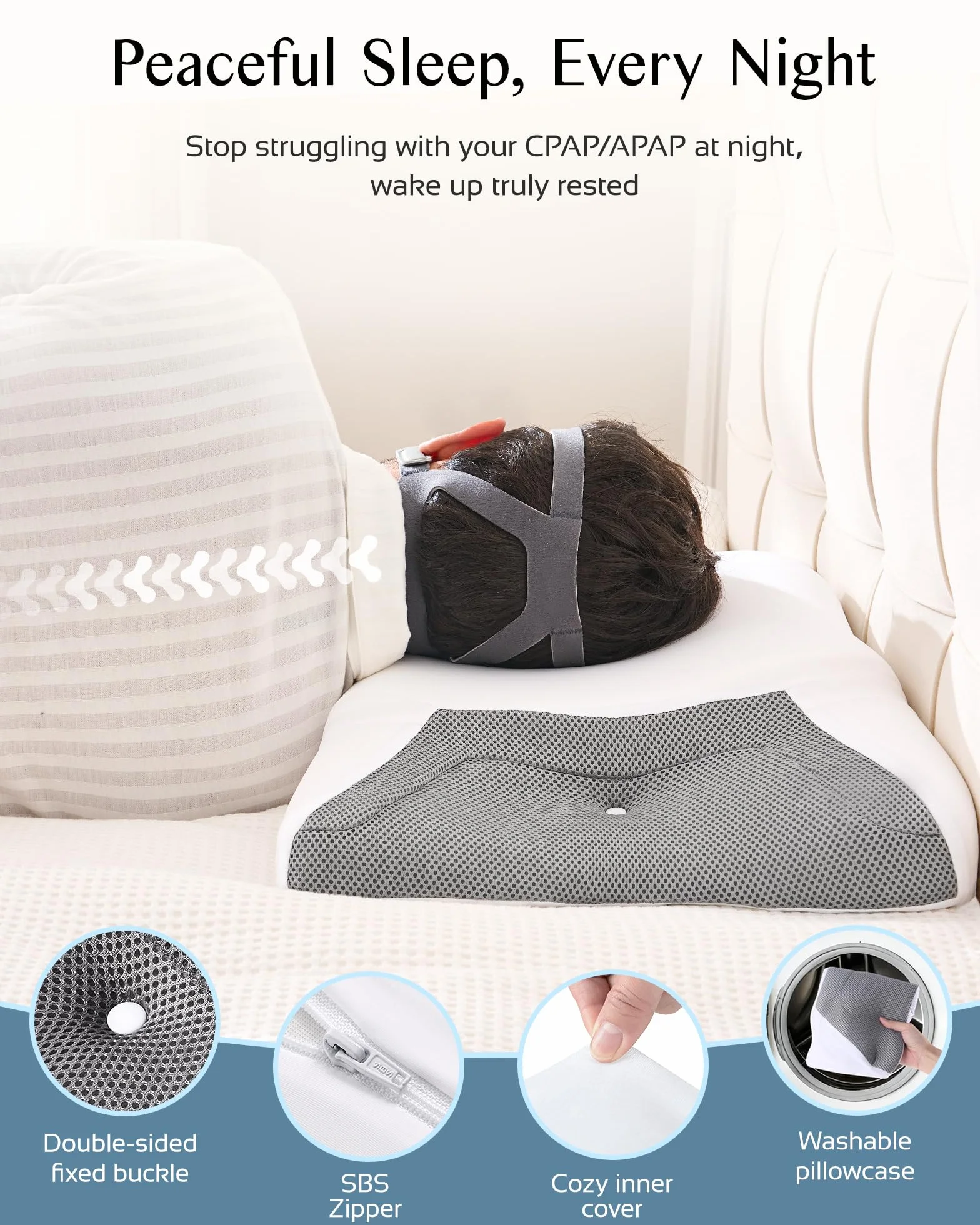 Poduszka CPAP na szyję z pianki wiskoelastycznej, ergonomiczna poduszka dla osób cierpiących na bezdech senny, z poszerzonymi rowkami bocznymi, które zmniejszają nacisk maski i wyciek powietrza