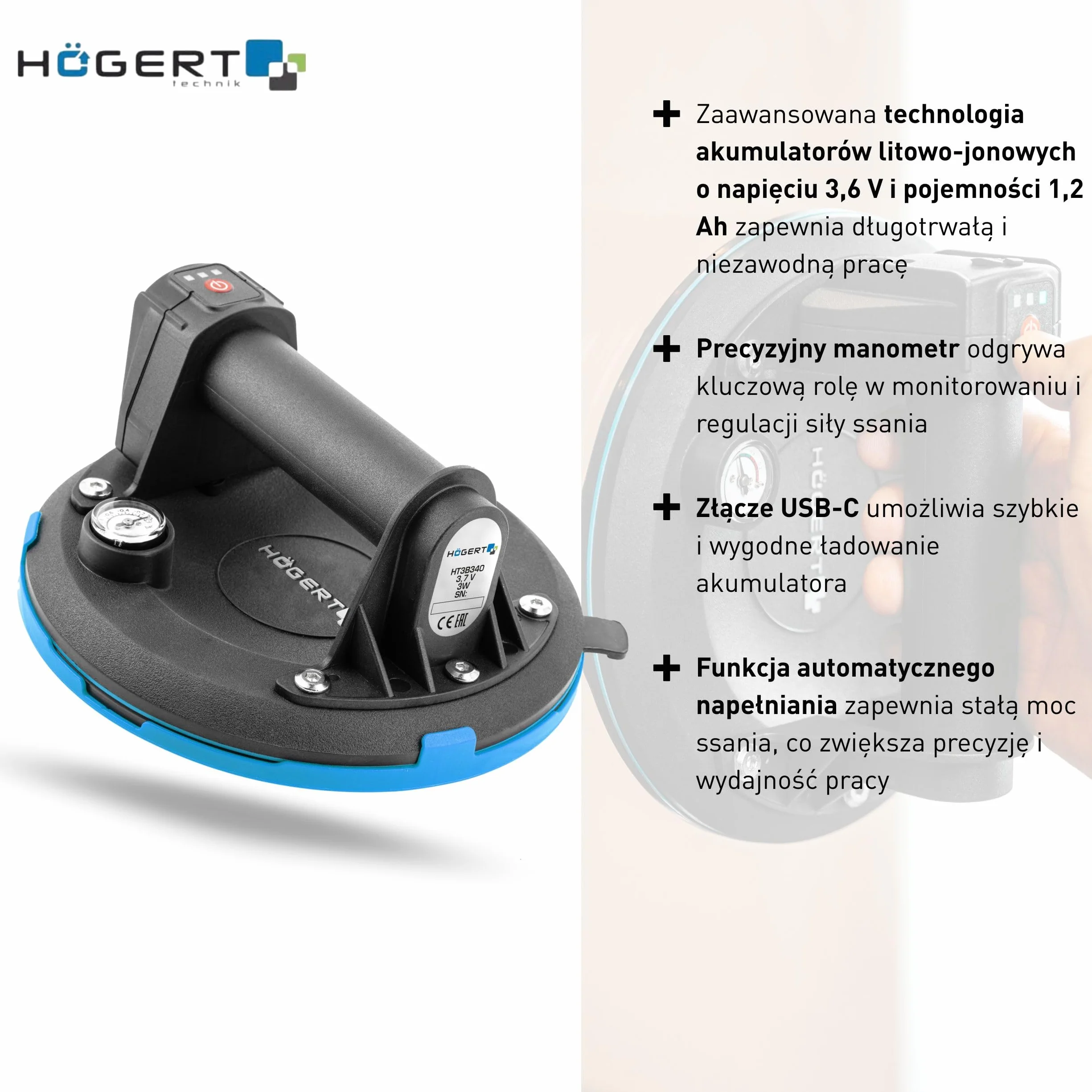 HÖGERT TECHNIK - Przyssawka akumulatorowa 200 mm z manometrem, odkurzacz akumulatorowy Heavy Duty, udźwig: 150 kg, przyssawka jest używana podczas transportu szyb okiennych, gładkich przedmiotów i